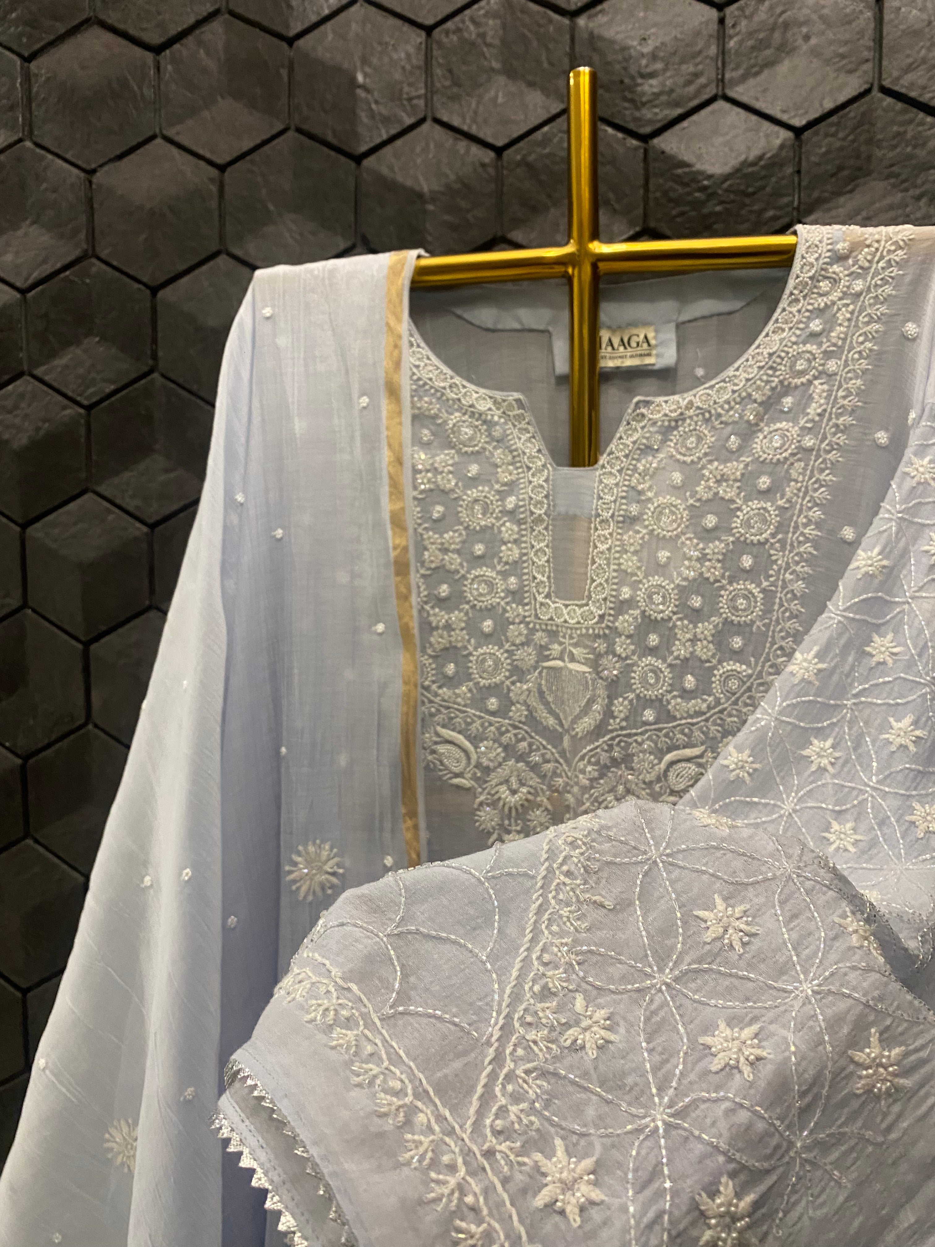 Blue Mul Chanderi Chikankari Kurta Set