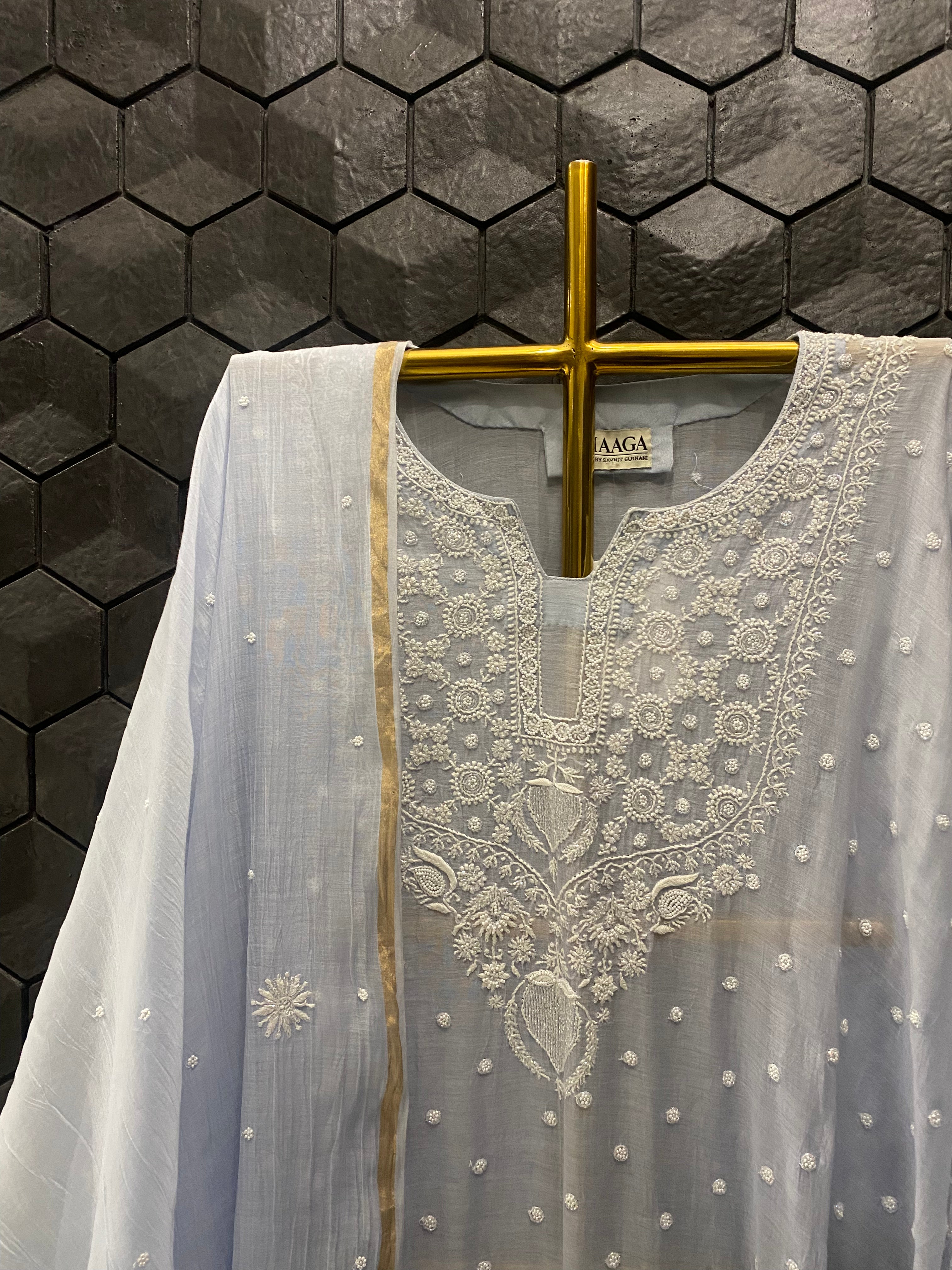 Blue Mul Chanderi Chikankari Kurta Set