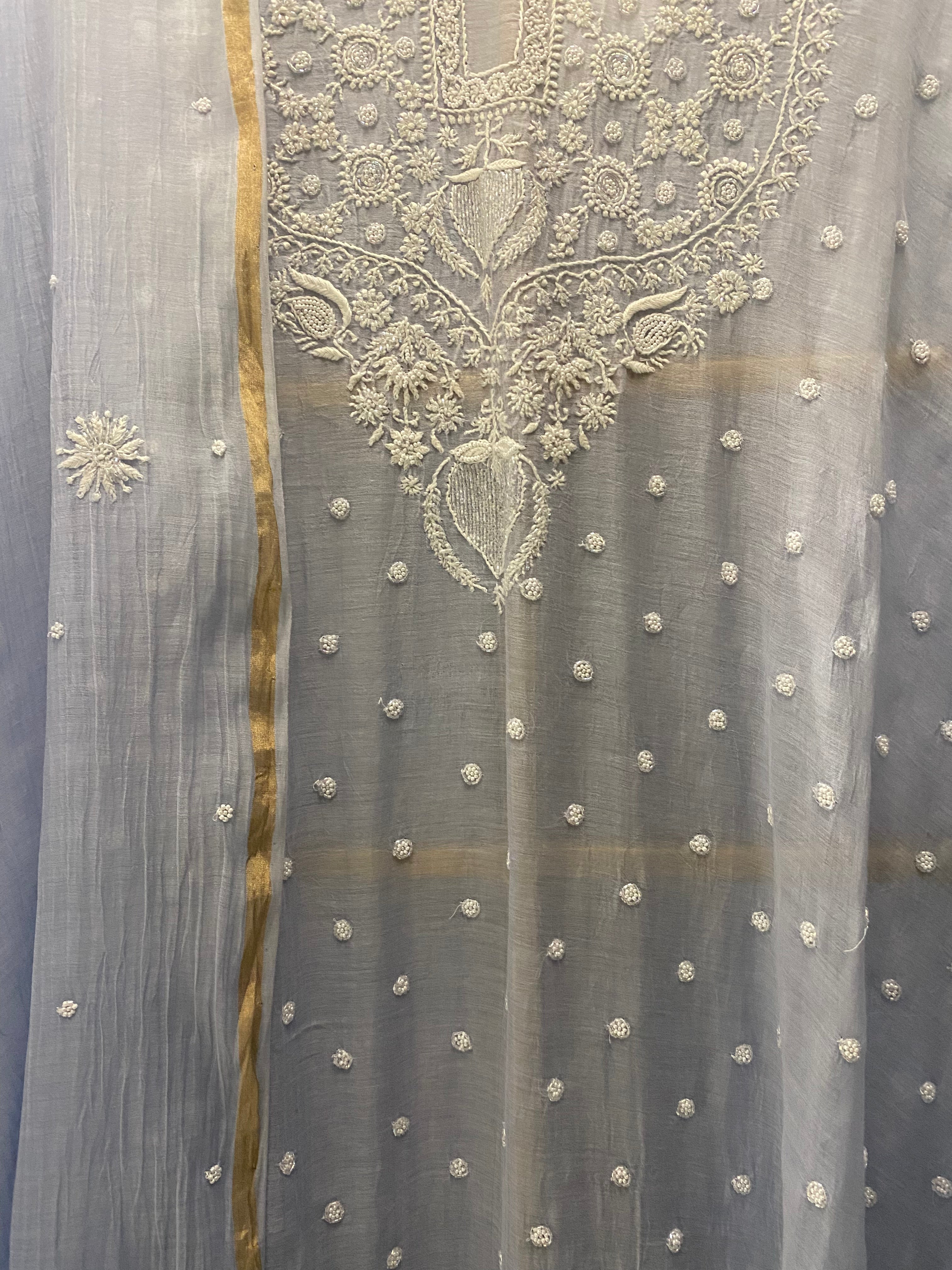 Blue Mul Chanderi Chikankari Kurta Set