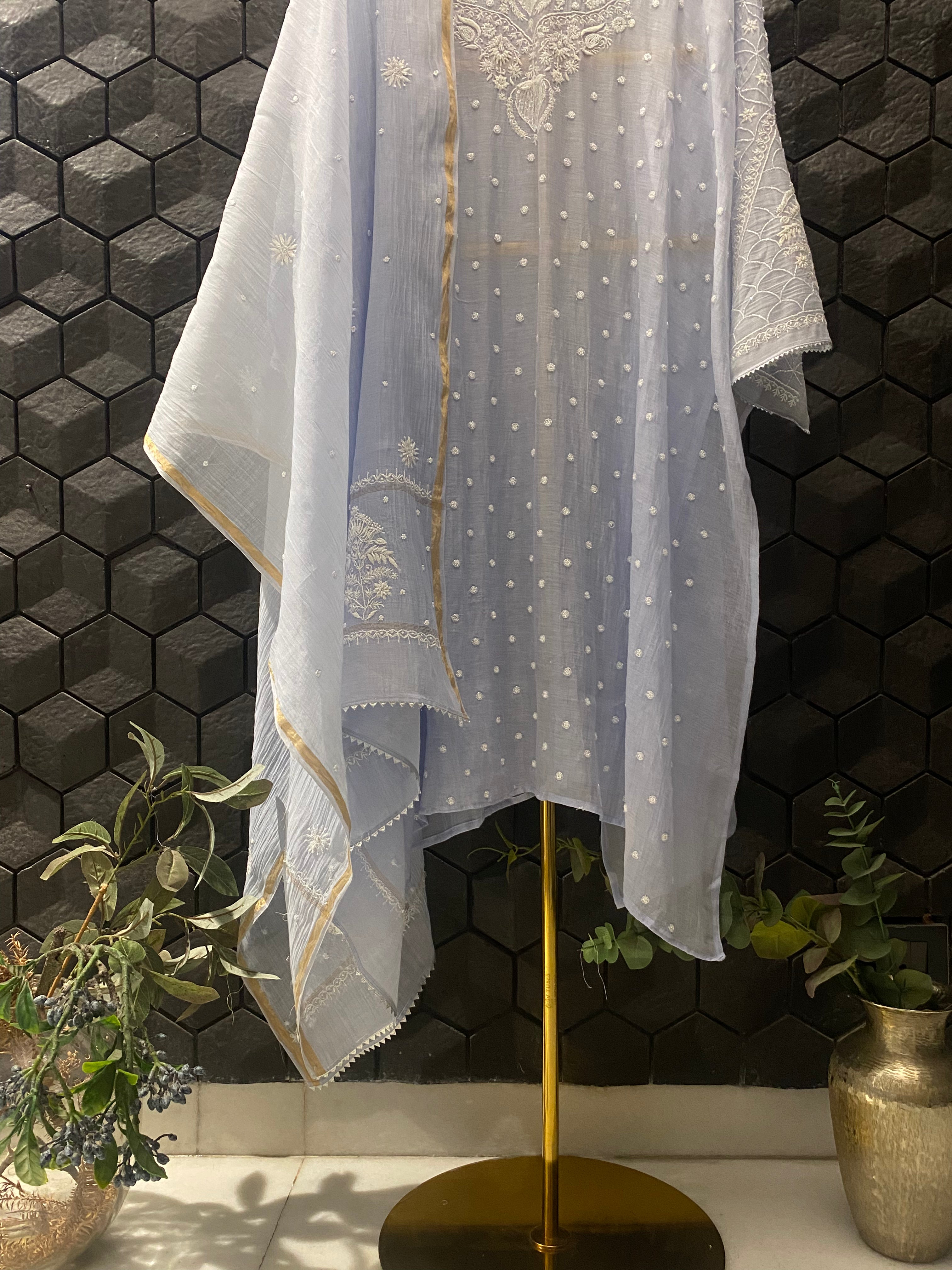 Blue Mul Chanderi Chikankari Kurta Set