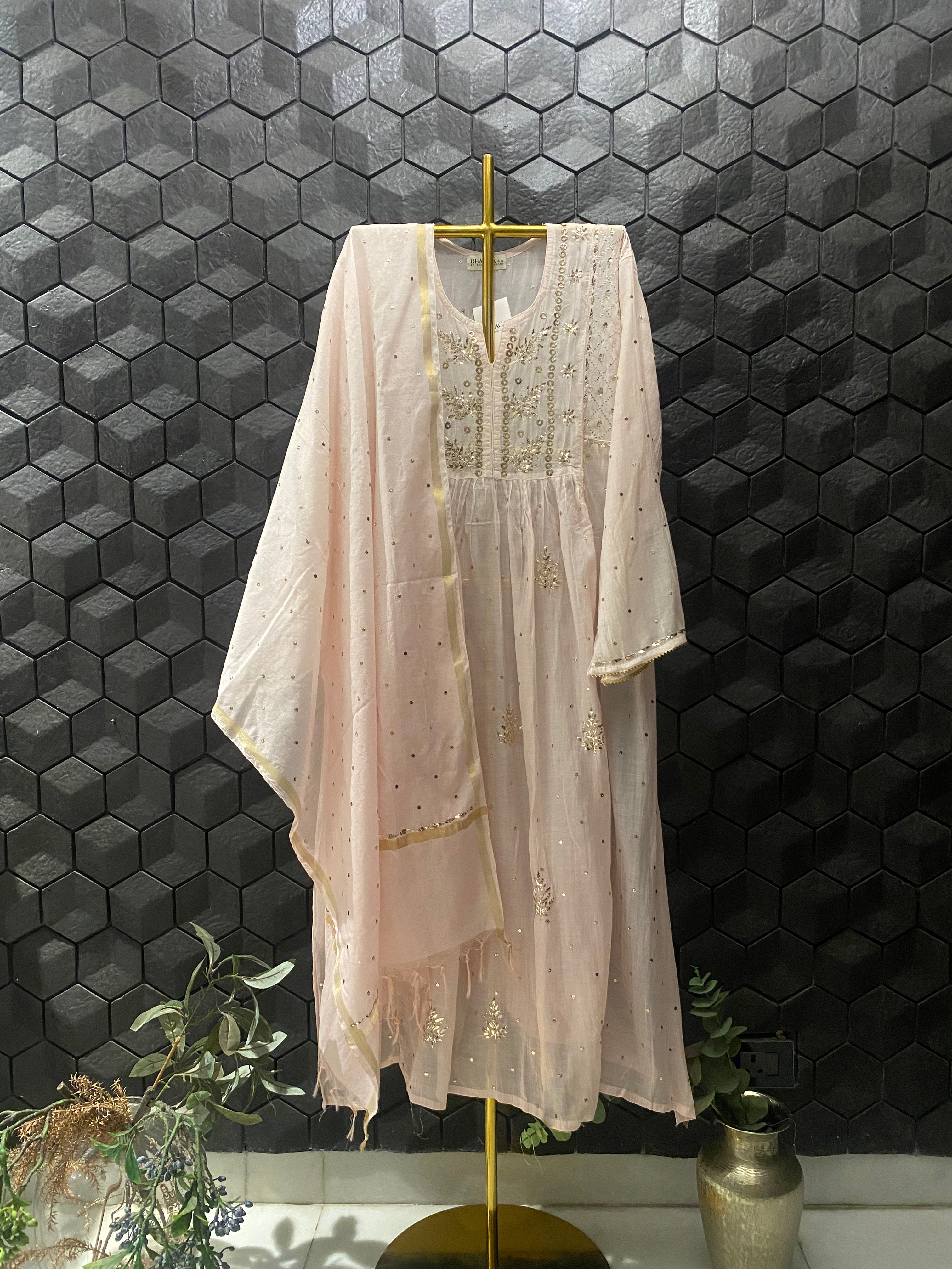 Pink Mul Chanderi Mukaish Kurta Set