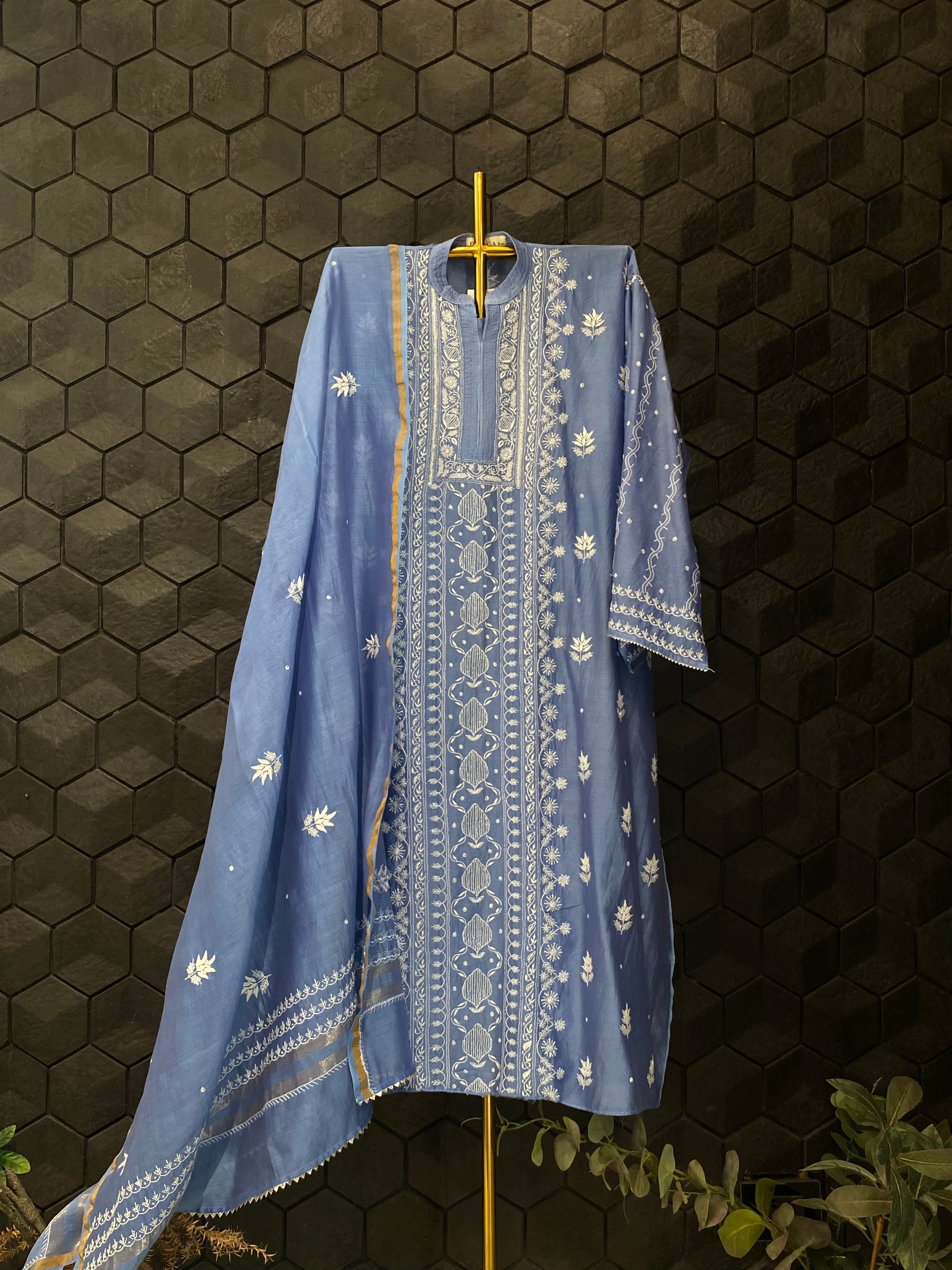 Blue Chanderi Silk Chikankari Kurta Set