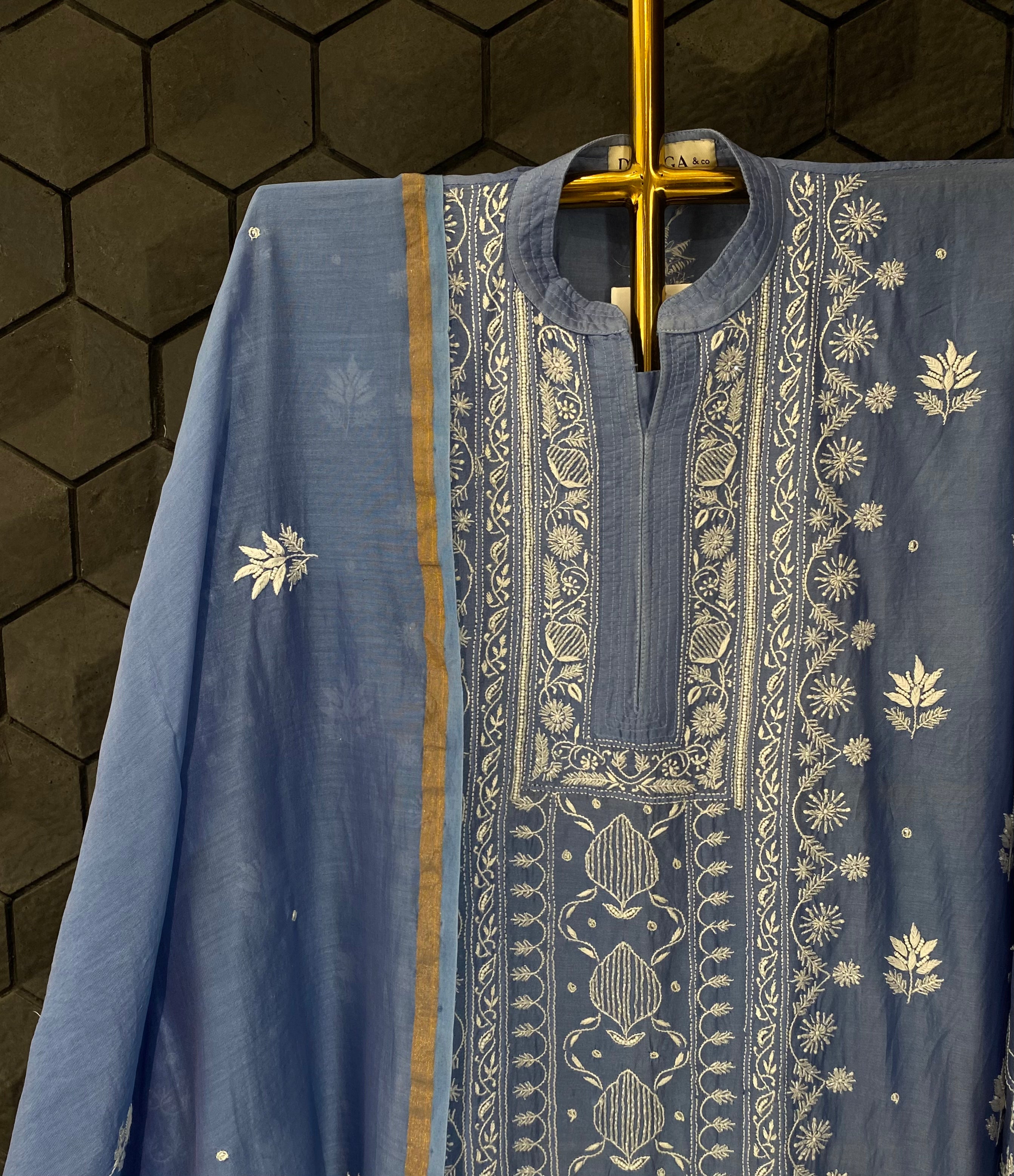 Blue Chanderi Silk Chikankari Kurta Set