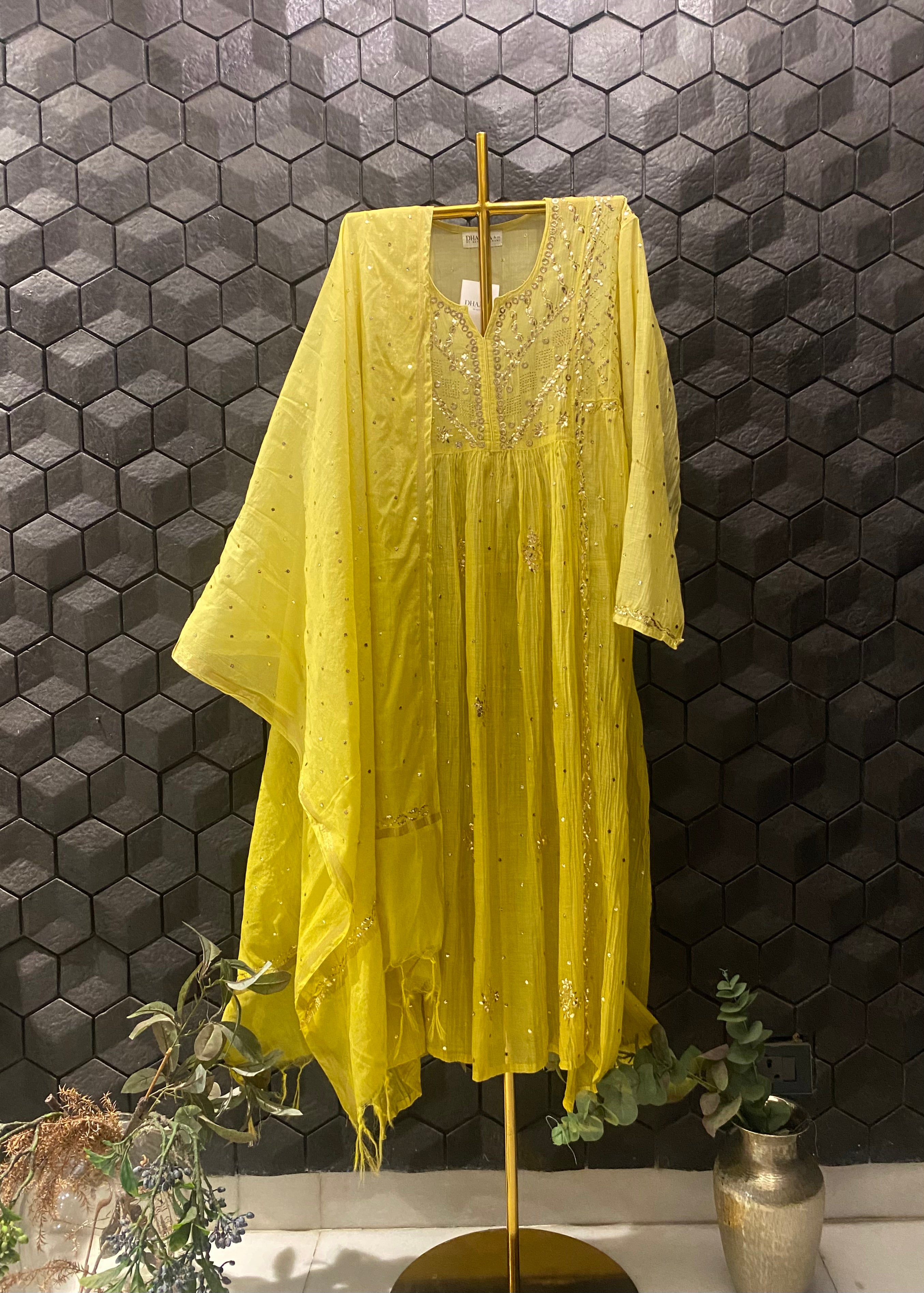 Yellow Mul Chanderi Mukaish Kurta Set