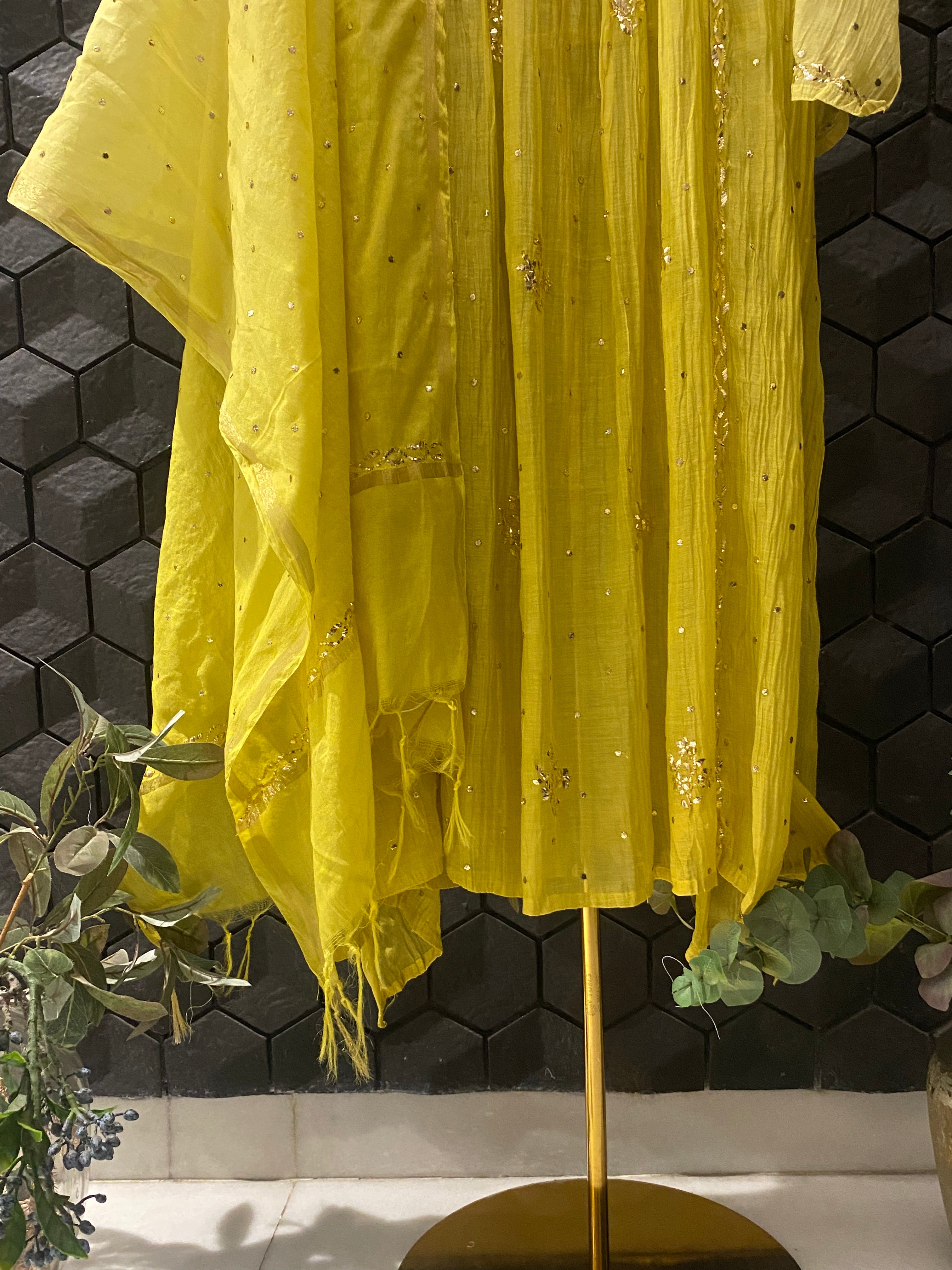 Yellow Mul Chanderi Mukaish Kurta Set
