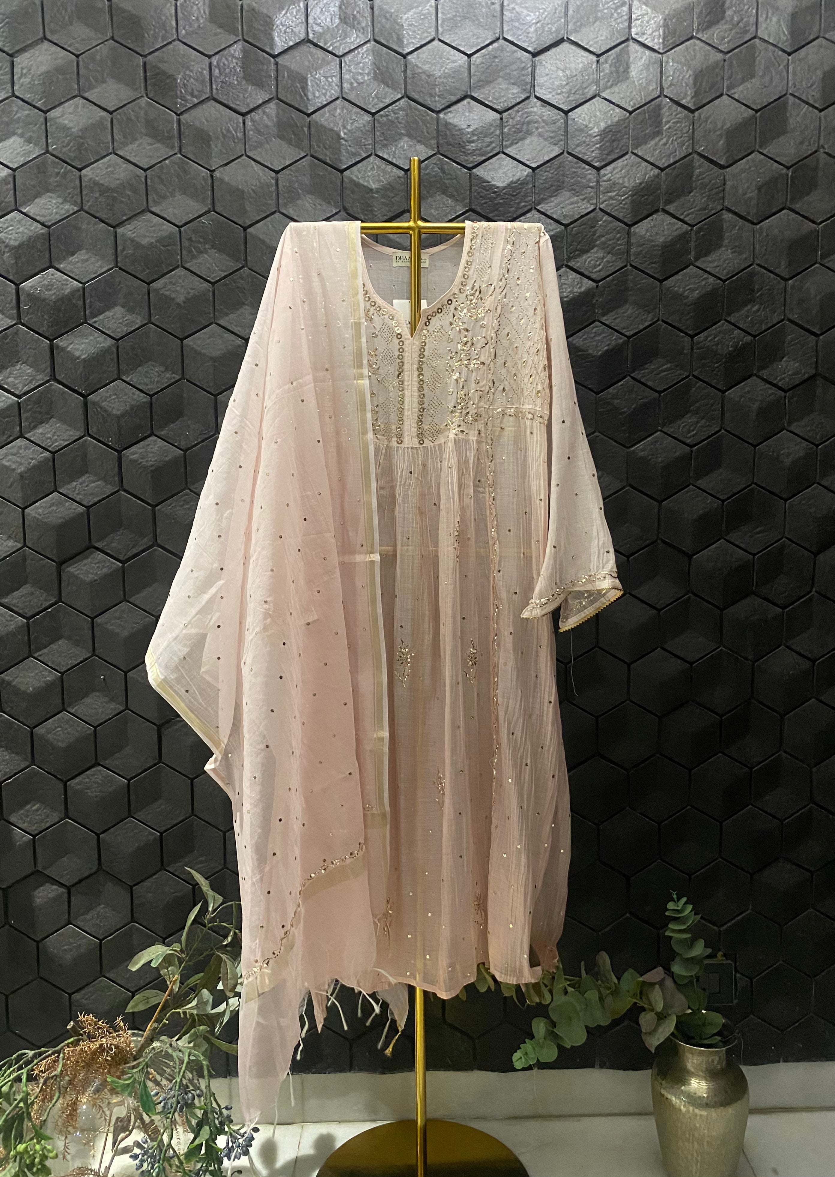 Pink Mul Chanderi Mukaish Kurta Set