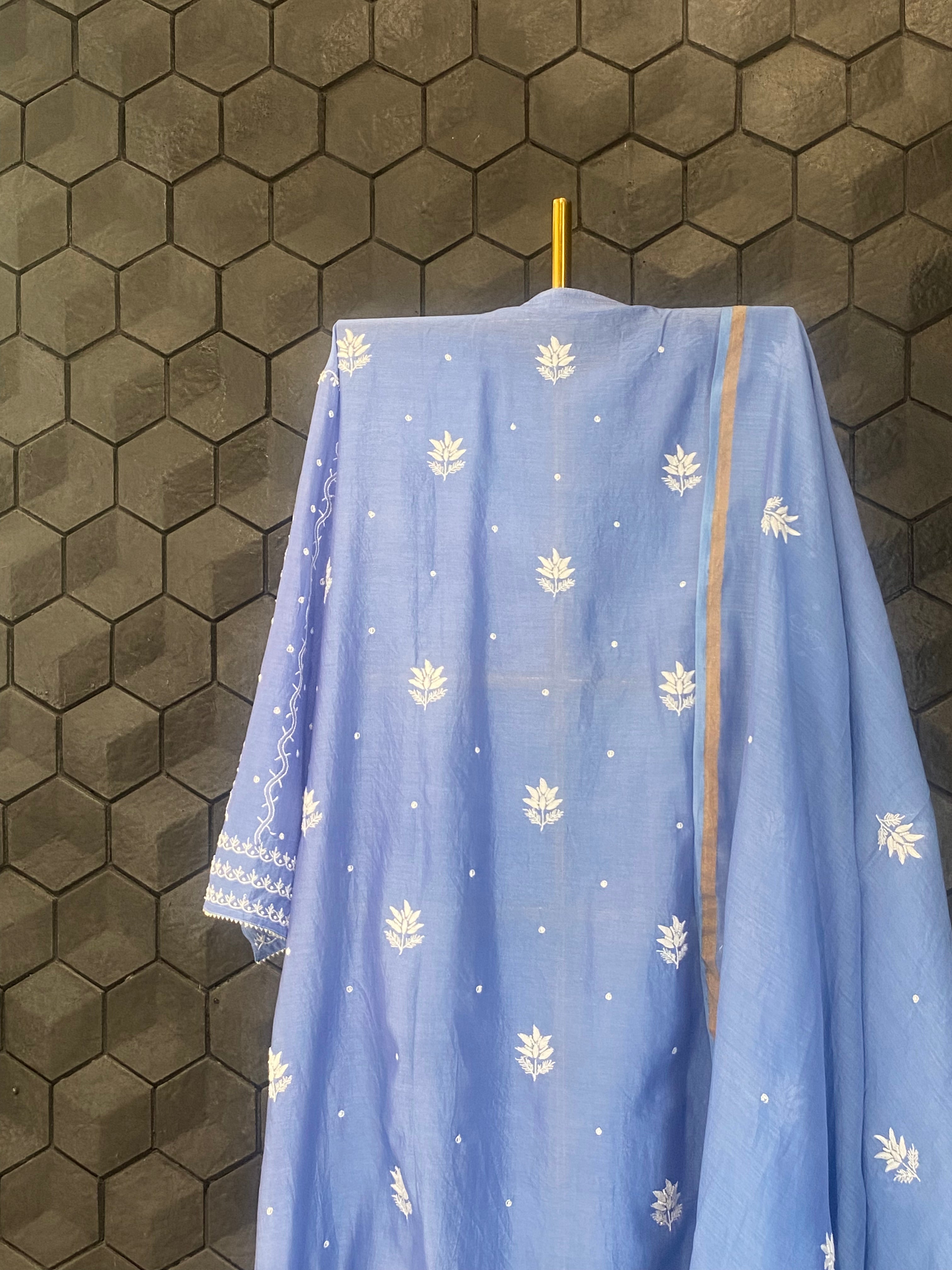 Blue Chanderi Silk Chikankari Kurta Set