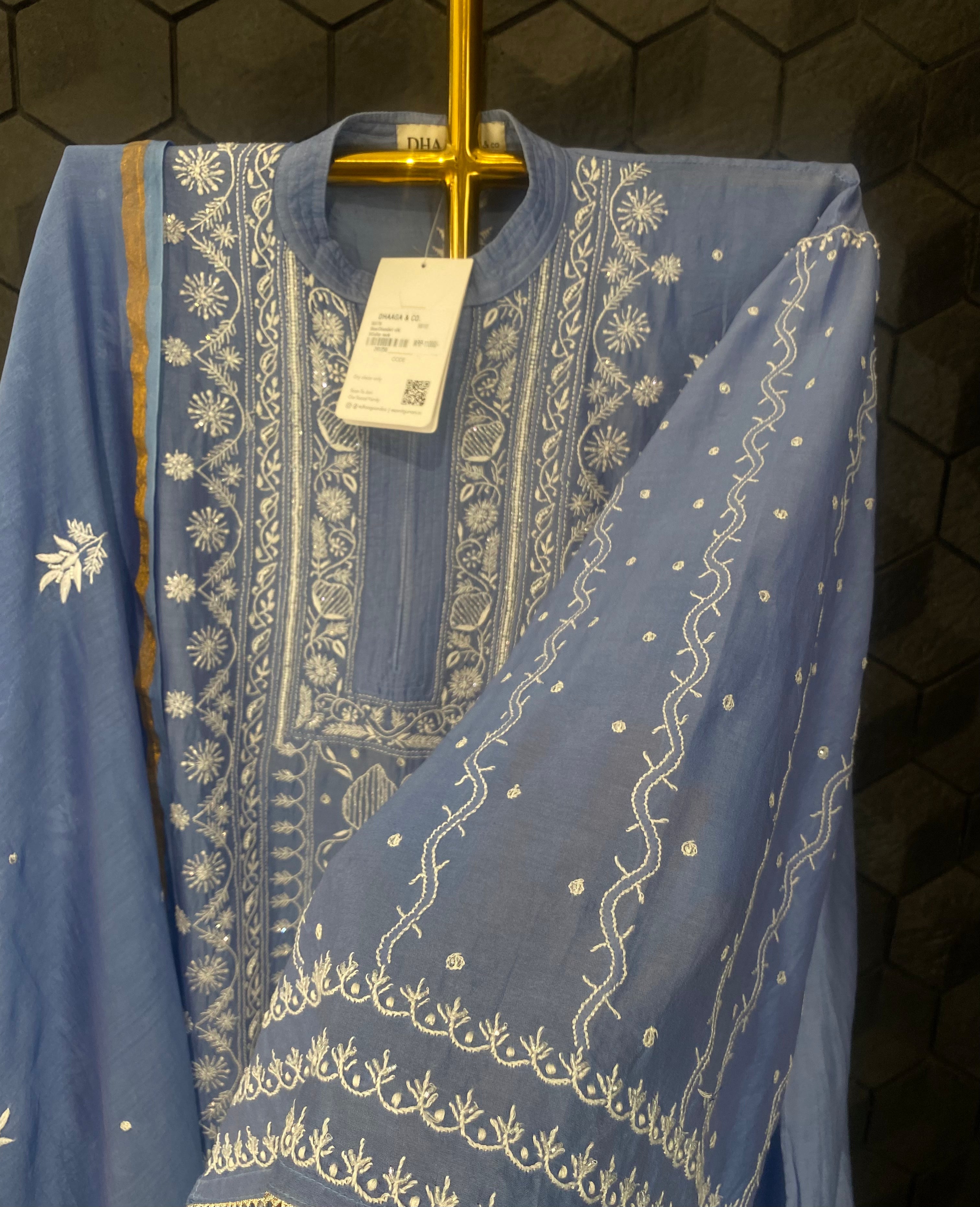 Blue Chanderi Silk Chikankari Kurta Set