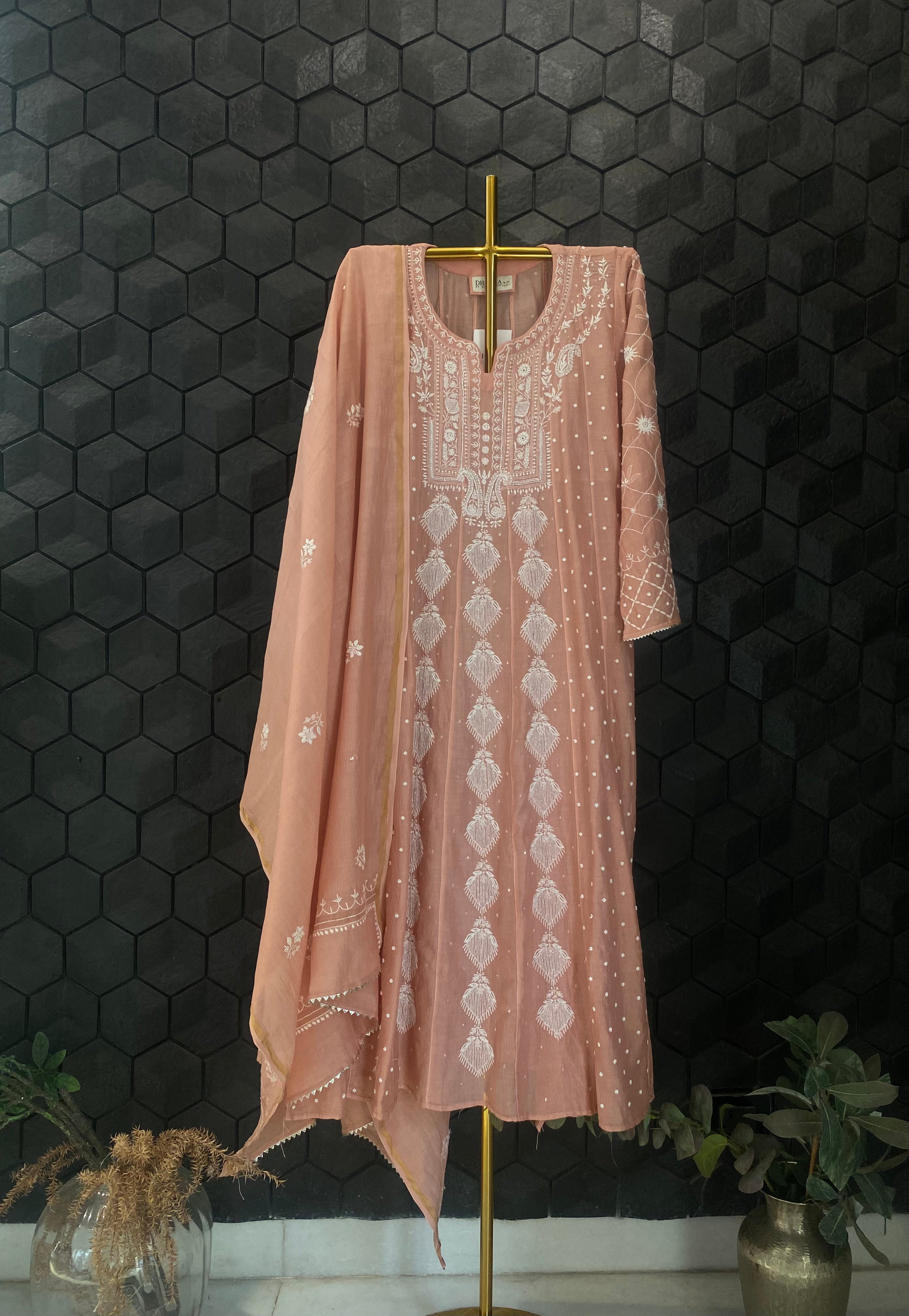 Peach Maheshwari Chanderi Chikankari Anarkali Set