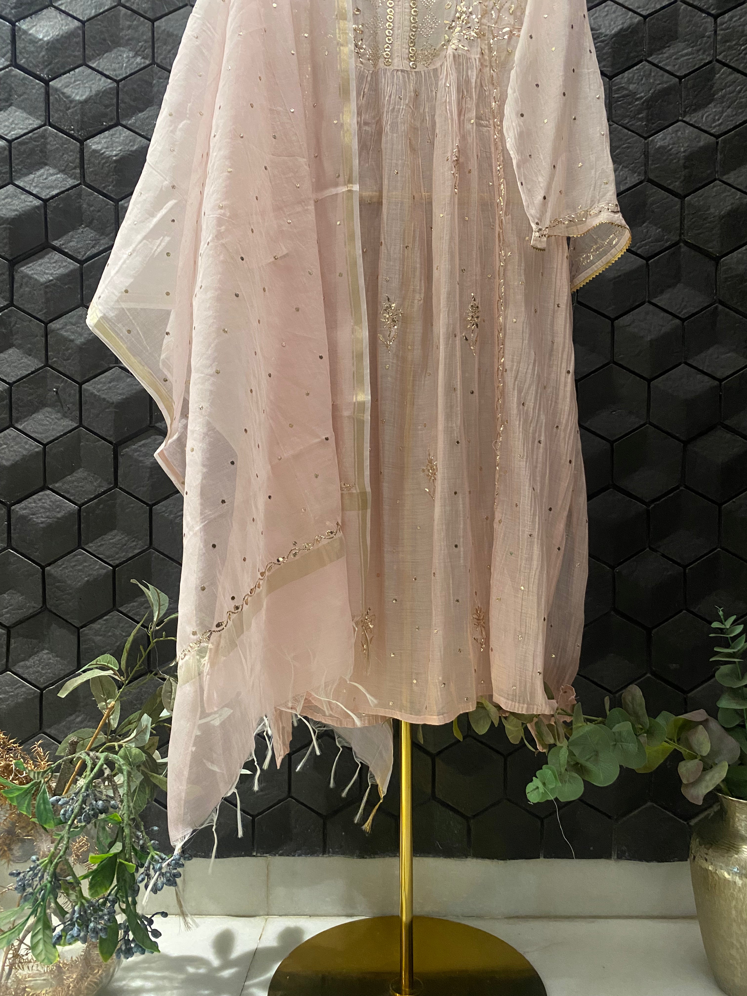 Pink Mul Chanderi Mukaish Kurta Set