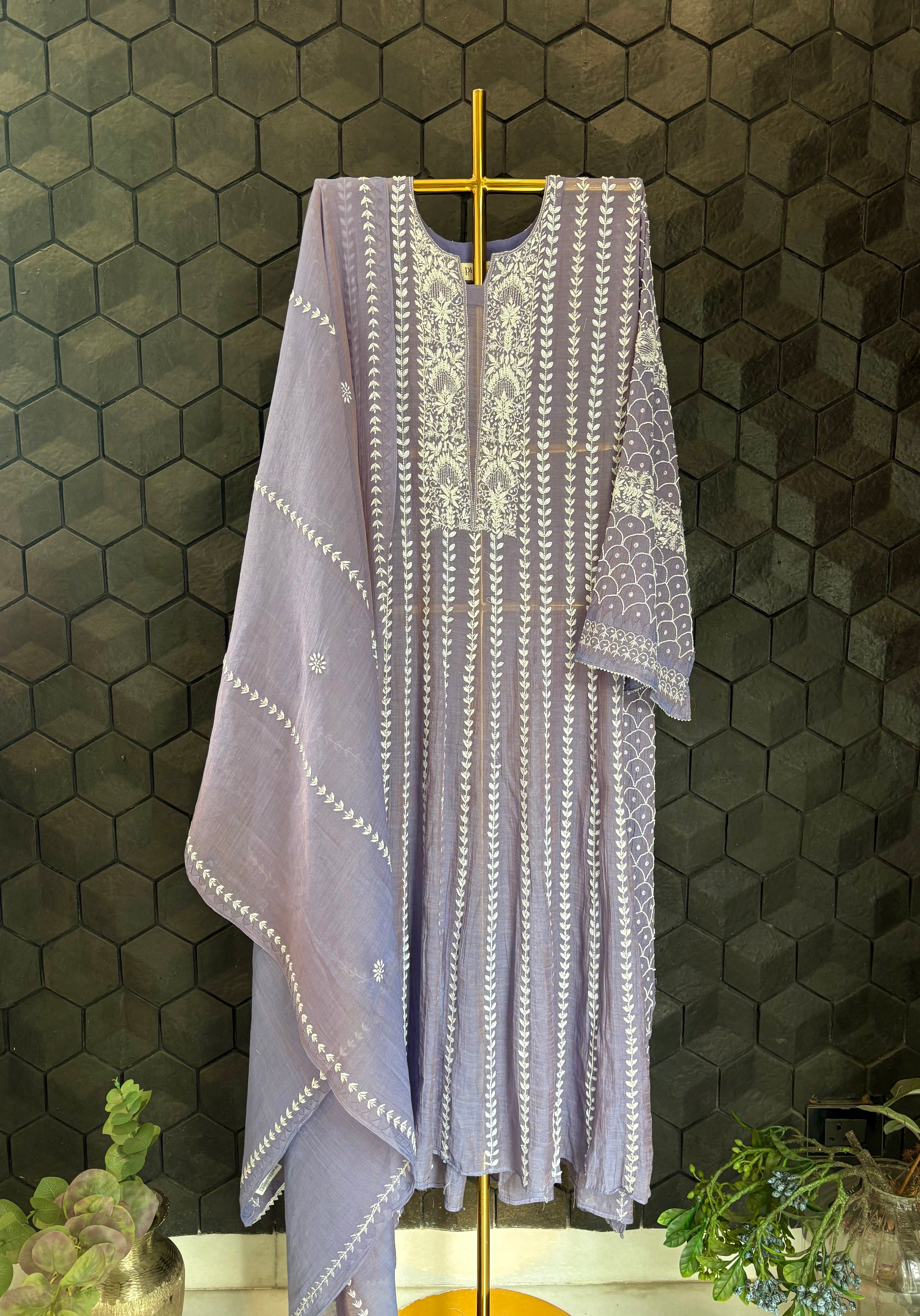 Purple Tissue Chikankari Anarkali Set