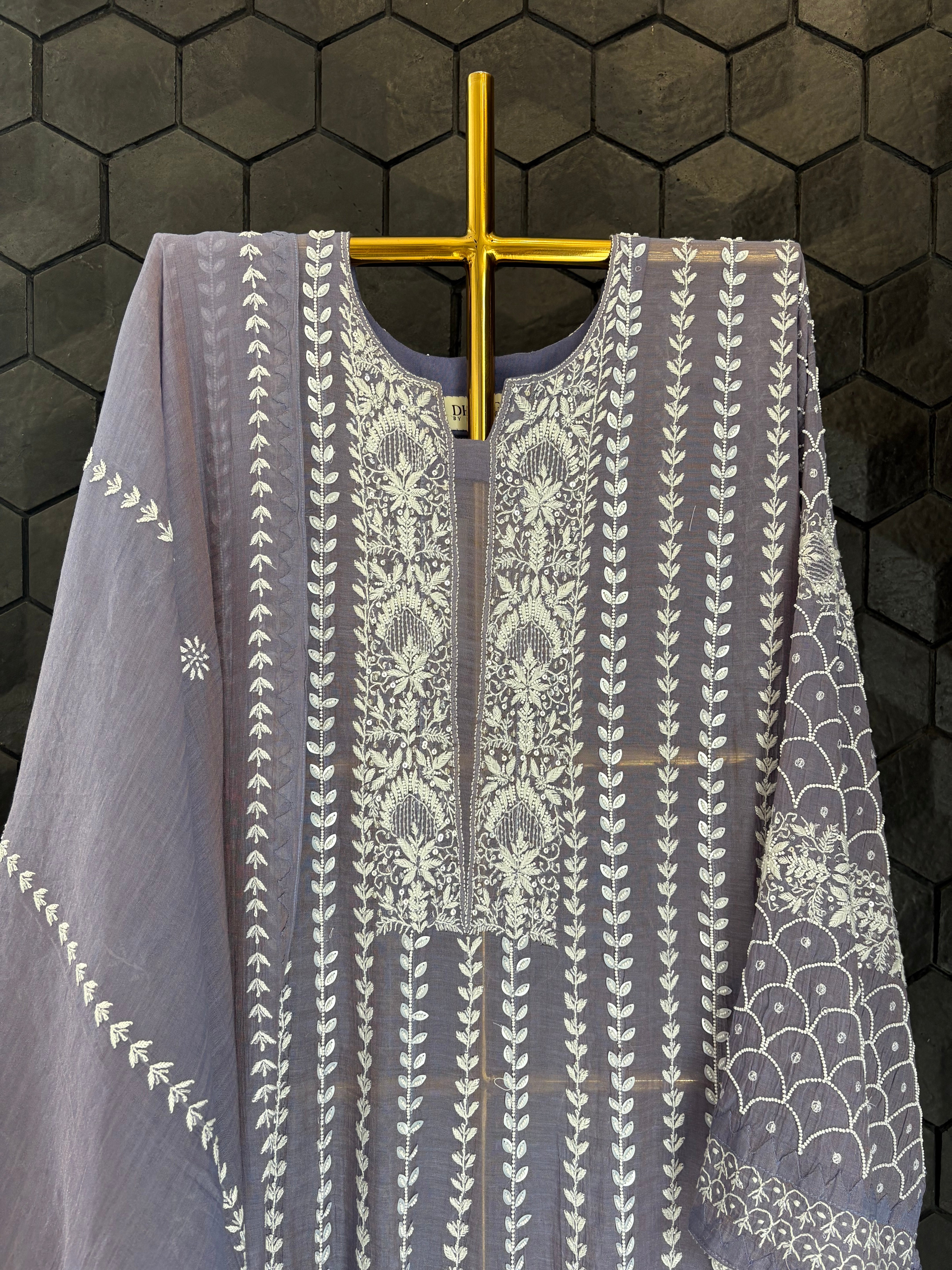 Purple Tissue Chikankari Anarkali Set