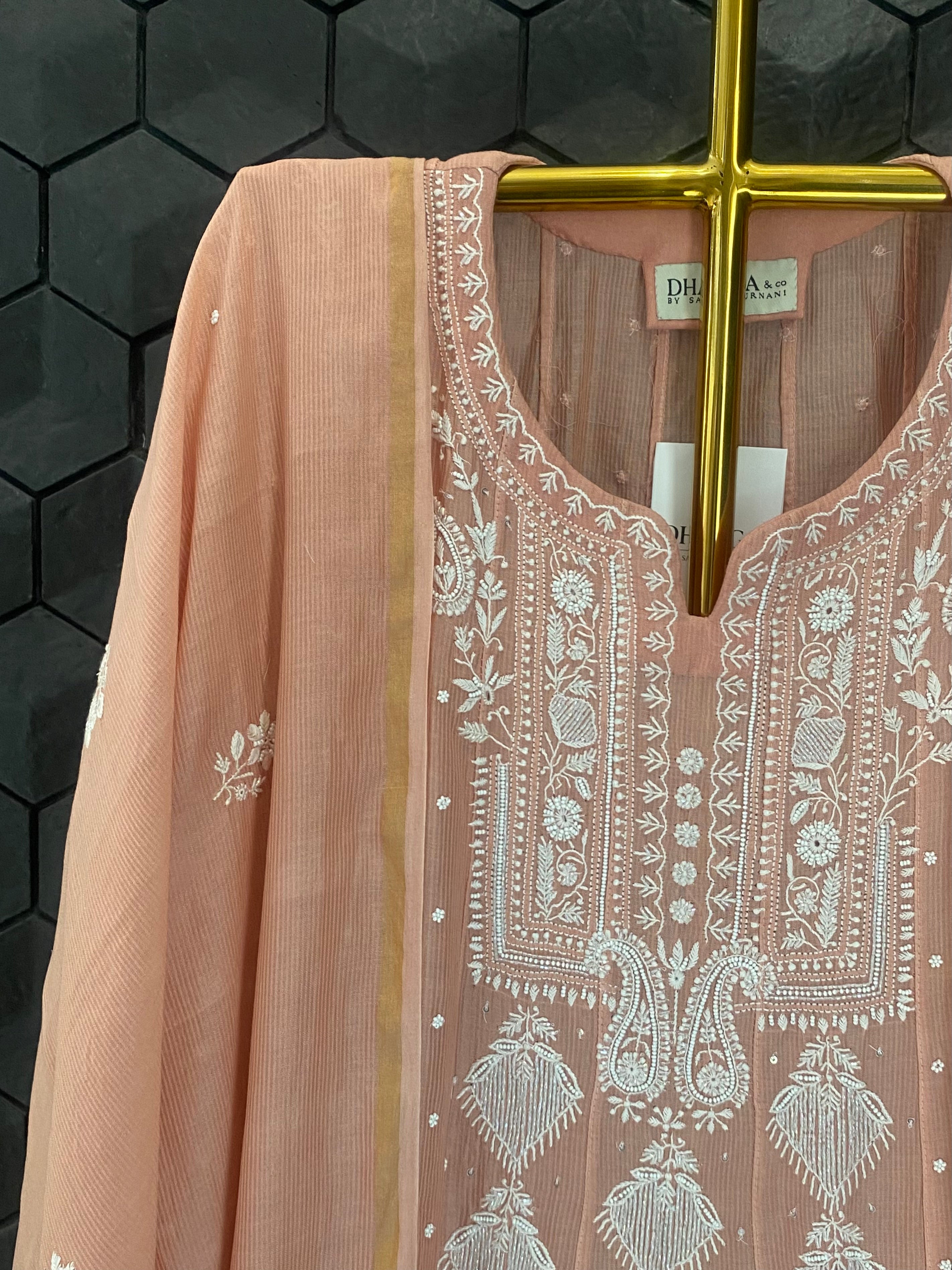 Peach Maheshwari Chanderi Chikankari Anarkali Set