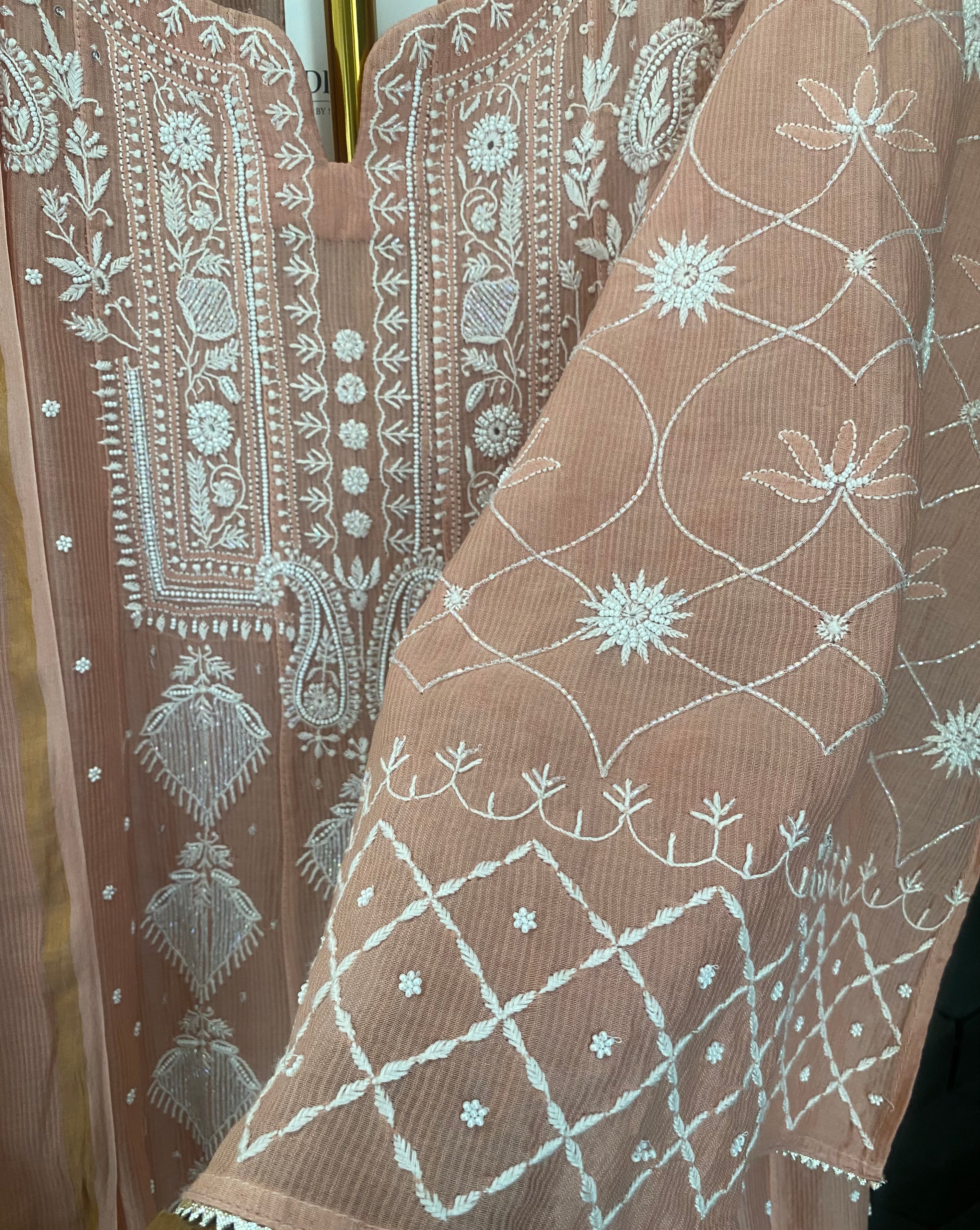 Peach Maheshwari Chanderi Chikankari Anarkali Set