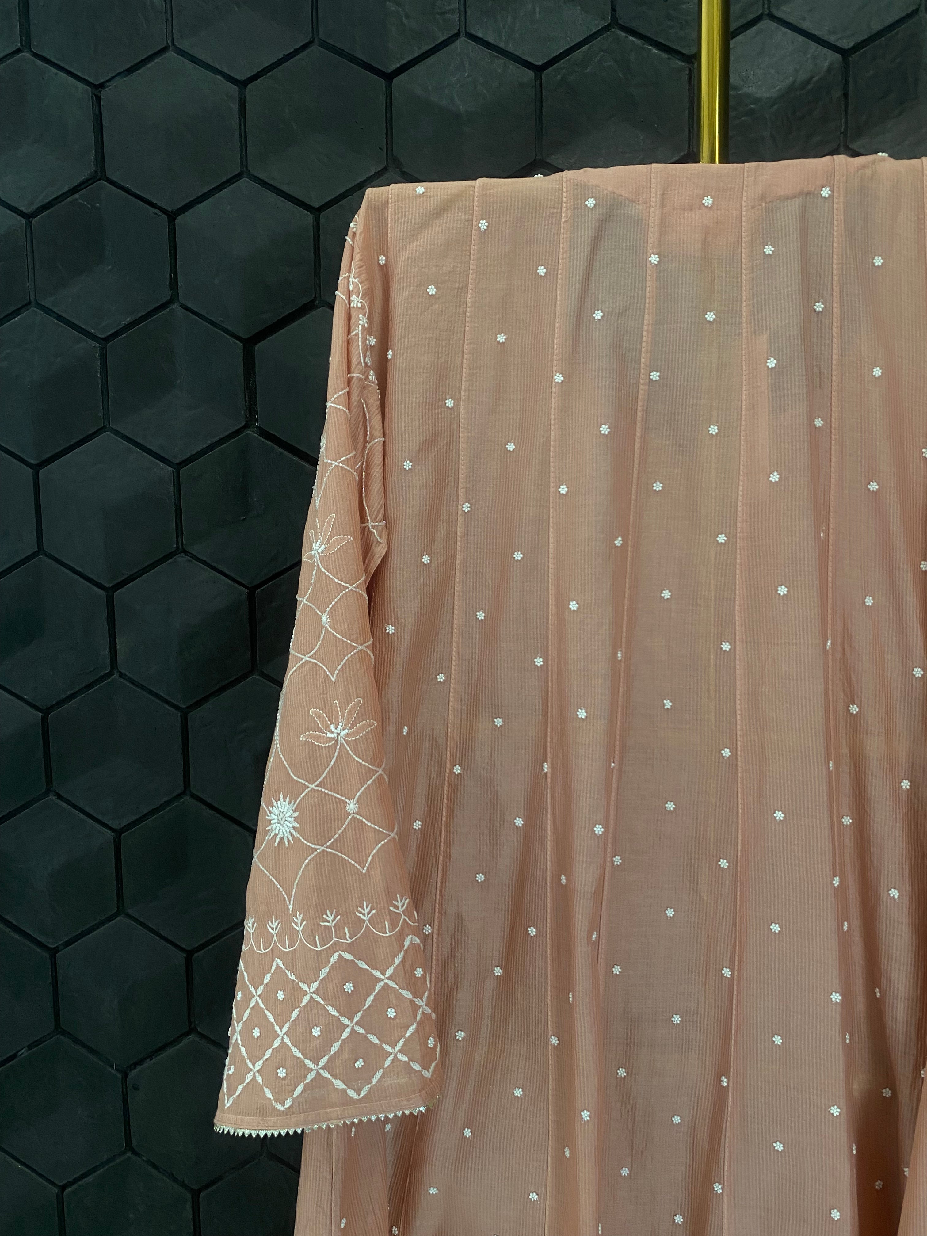 Peach Maheshwari Chanderi Chikankari Anarkali Set