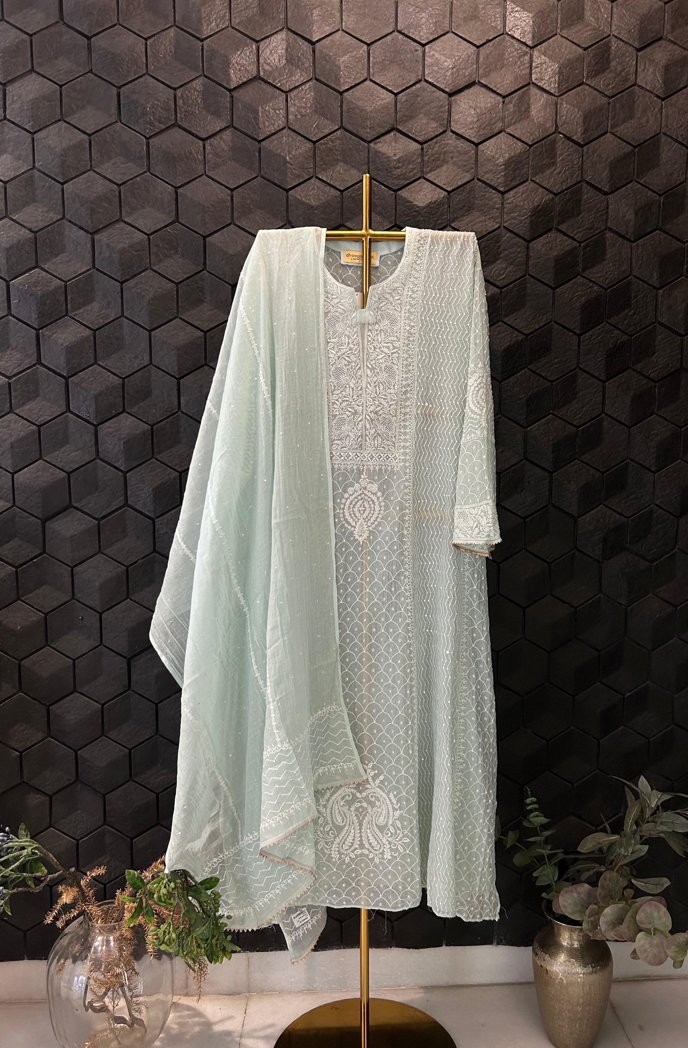 Sea Green Mul Chanderi Chikankari Anarkali Set