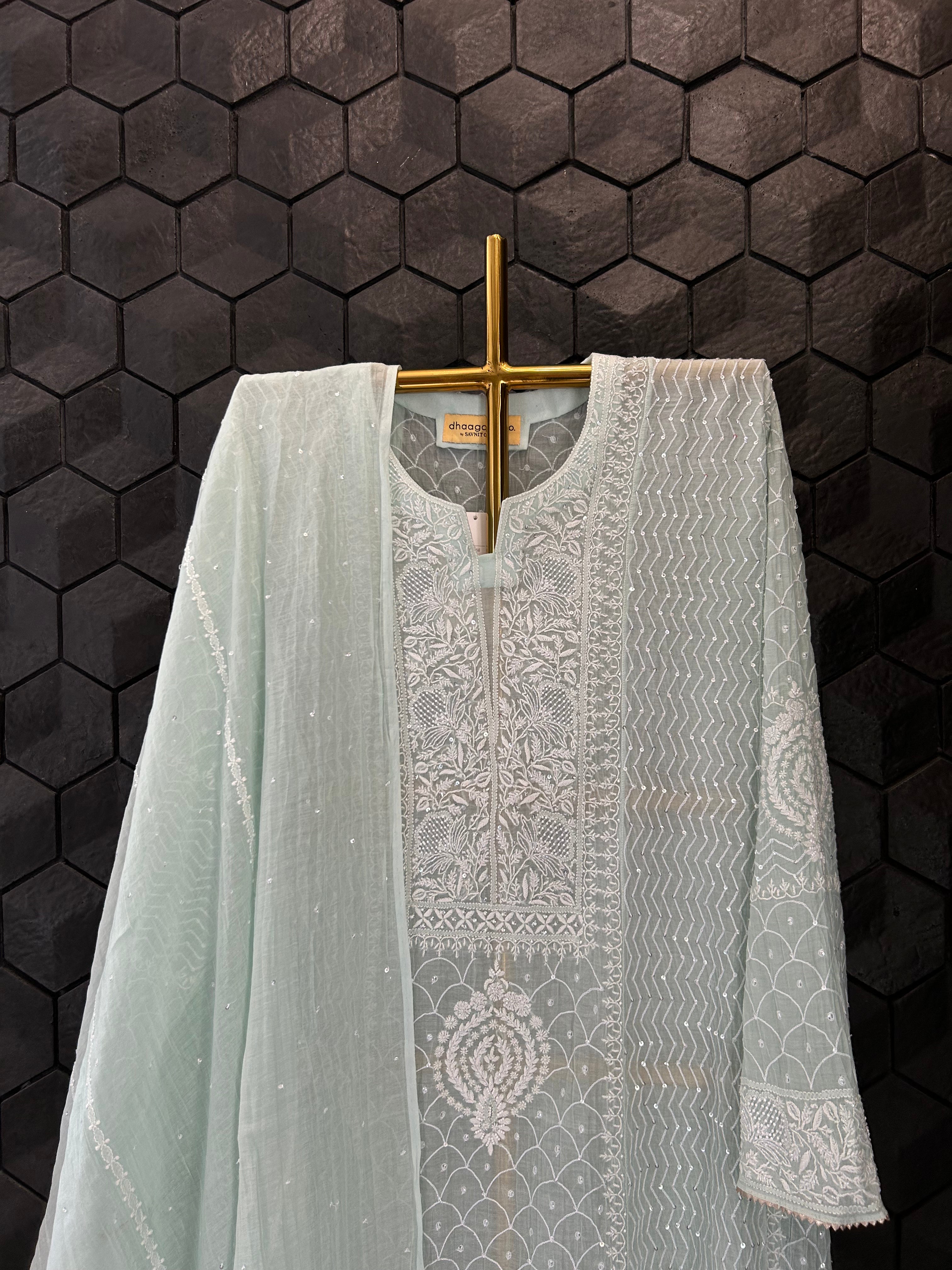 Sea Green Mul Chanderi Chikankari Anarkali Set