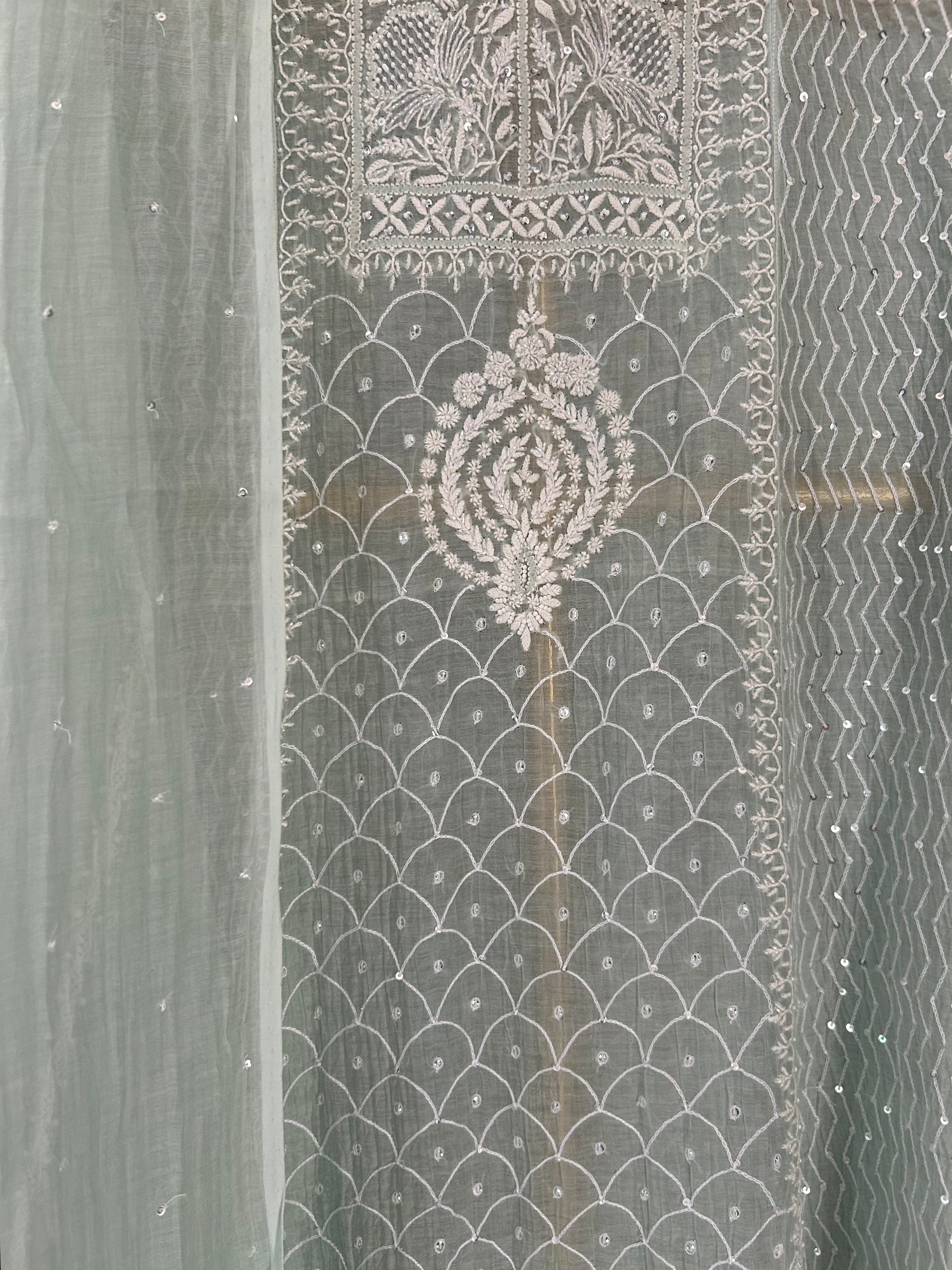 Sea Green Mul Chanderi Chikankari Anarkali Set