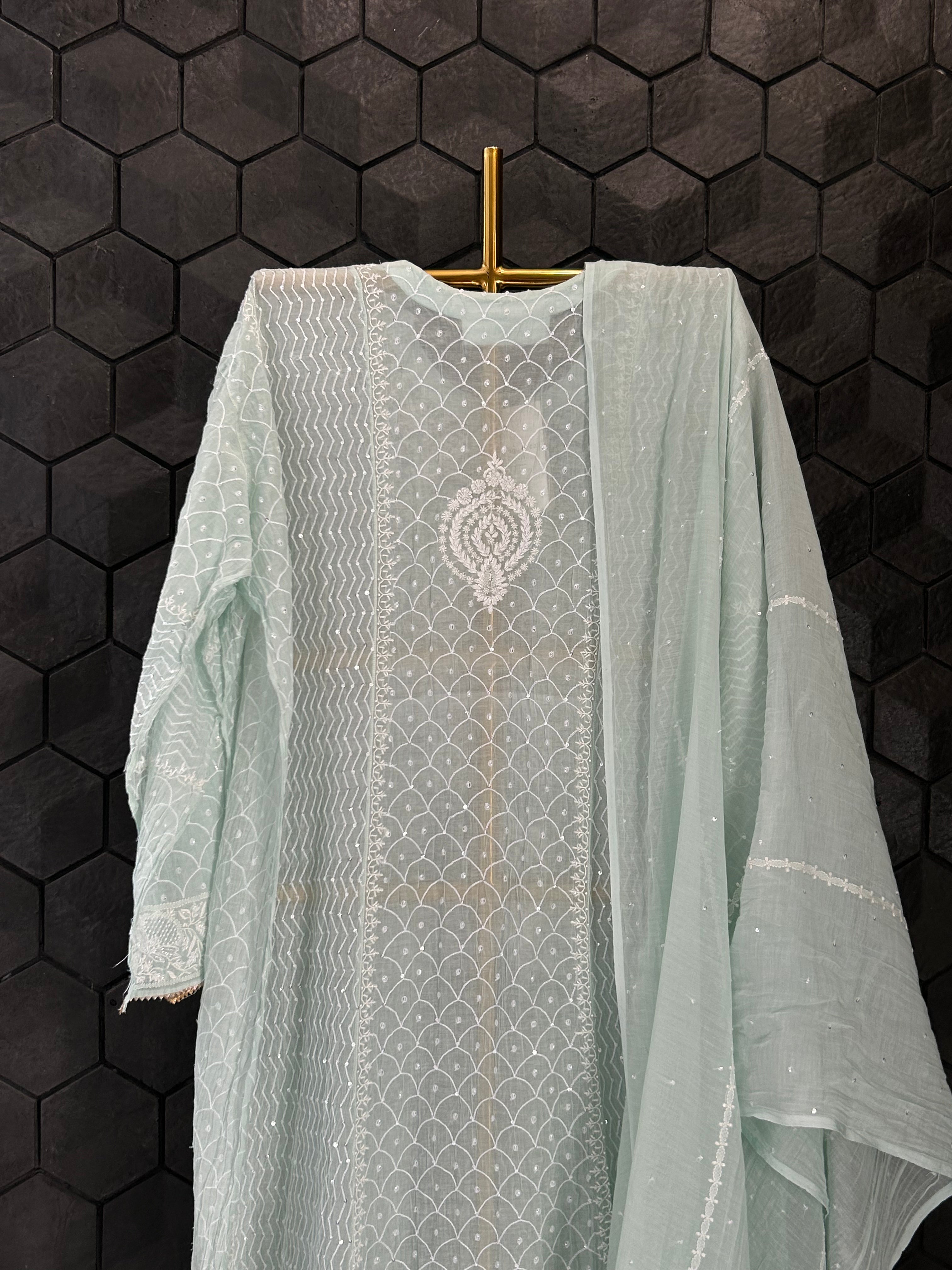 Sea Green Mul Chanderi Chikankari Anarkali Set