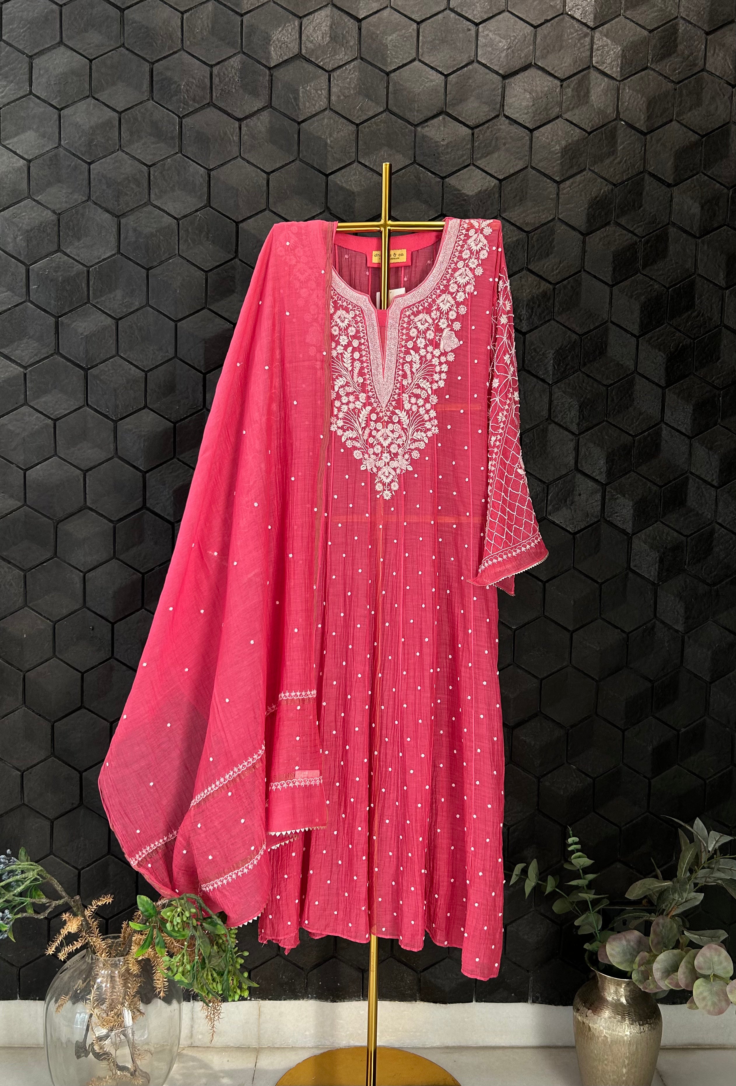 Red Mul Chanderi Chikankari Anarkali Set