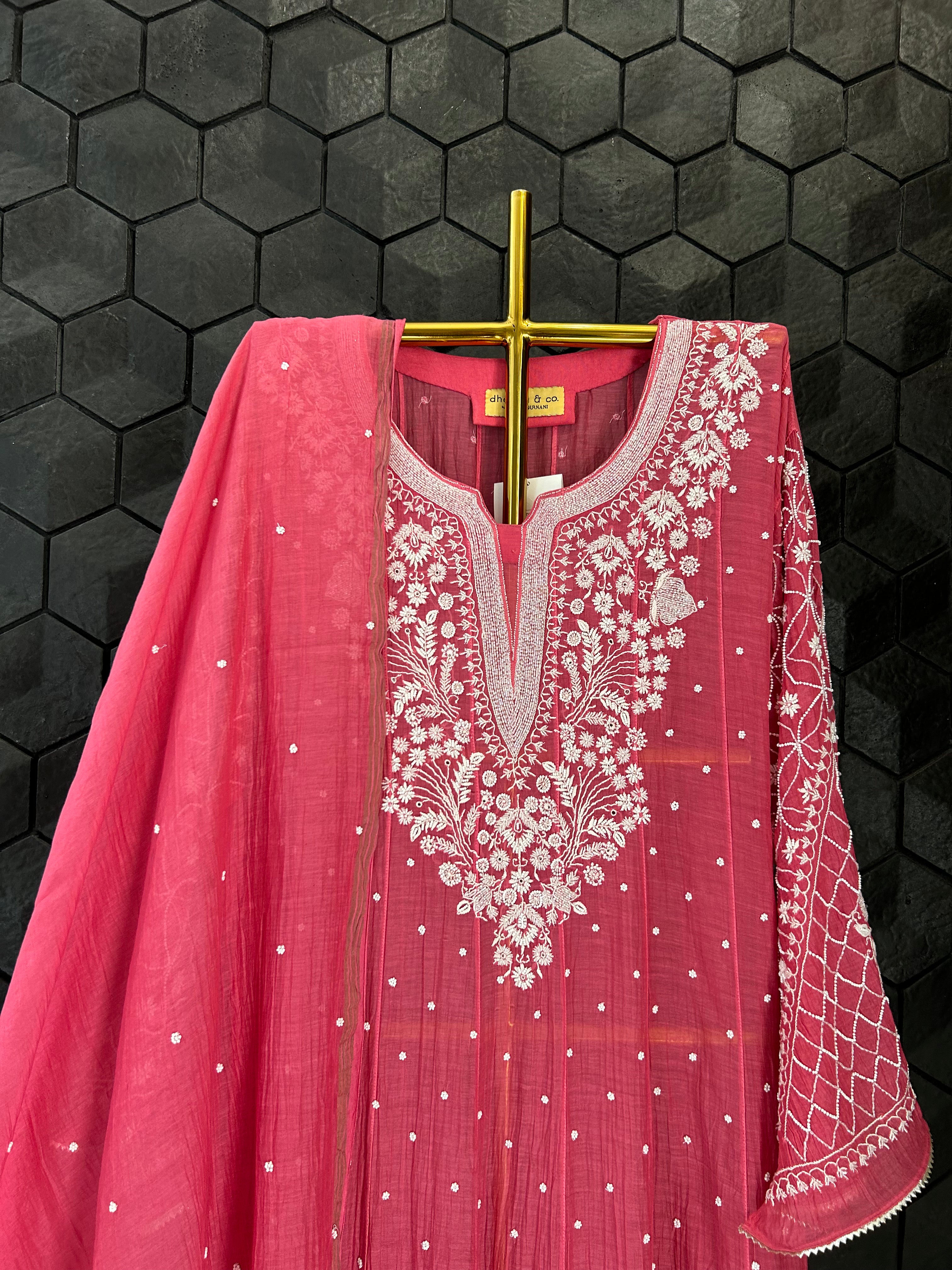 Red Mul Chanderi Chikankari Anarkali Set