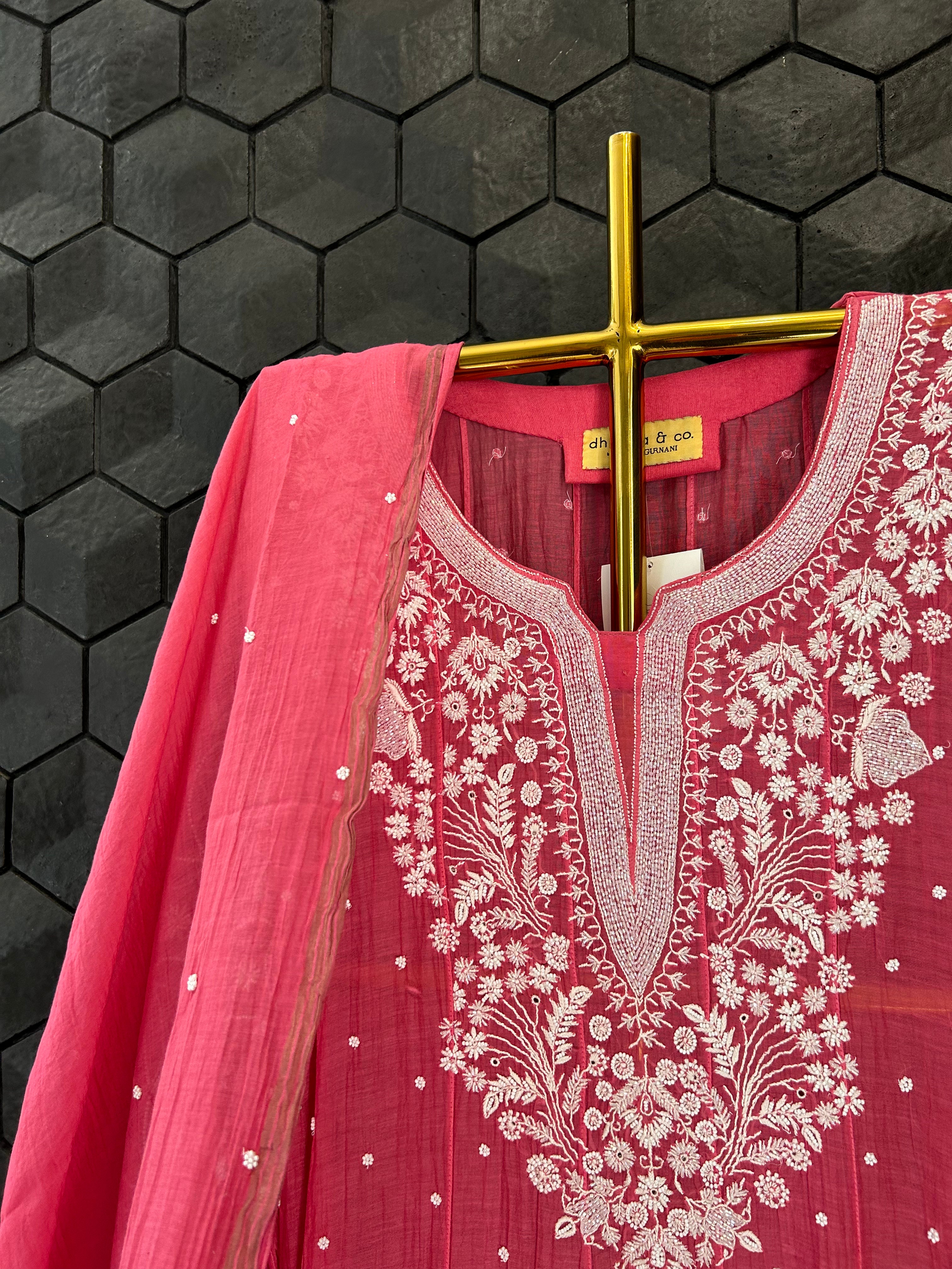 Red Mul Chanderi Chikankari Anarkali Set