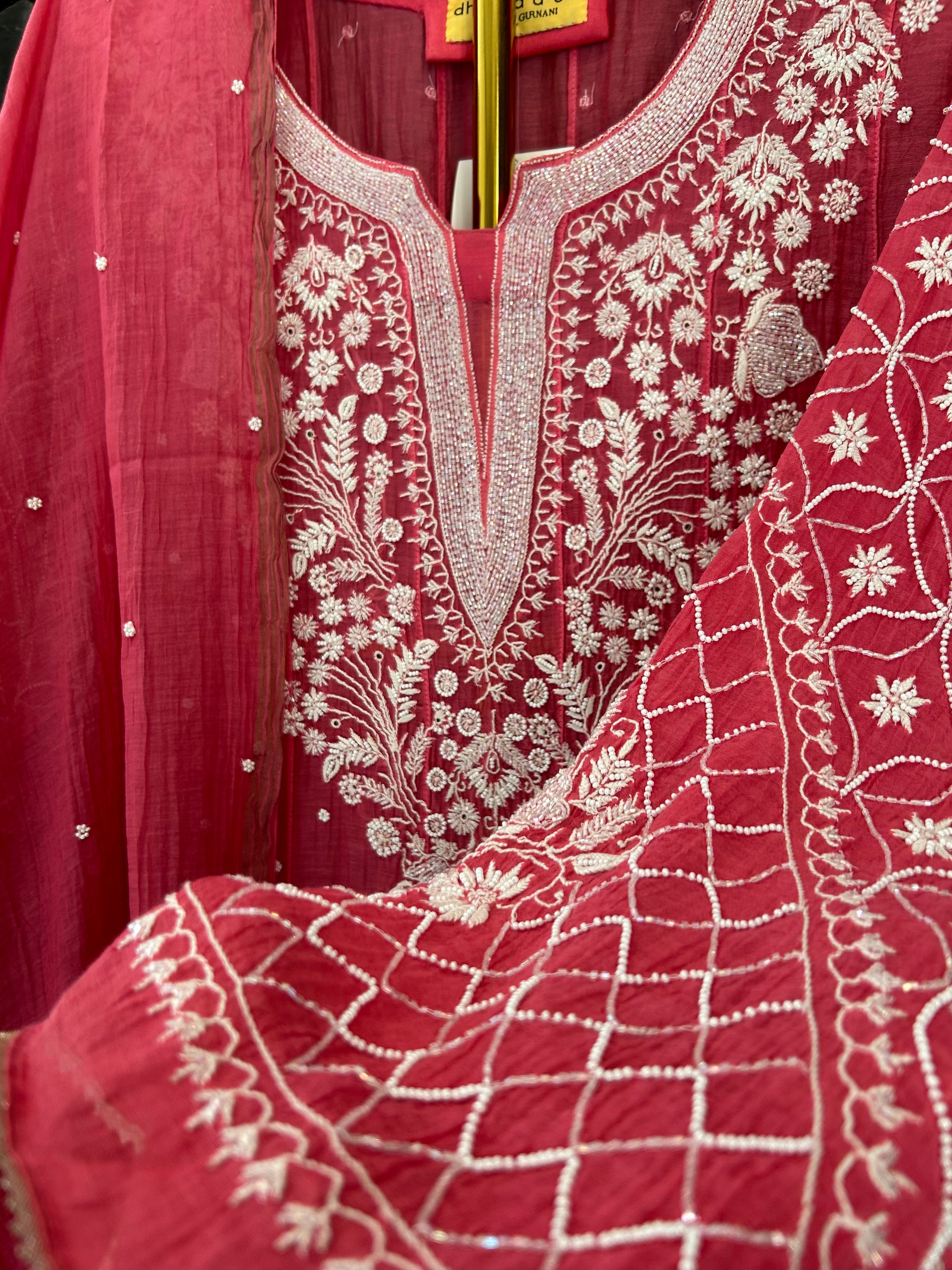 Red Mul Chanderi Chikankari Anarkali Set