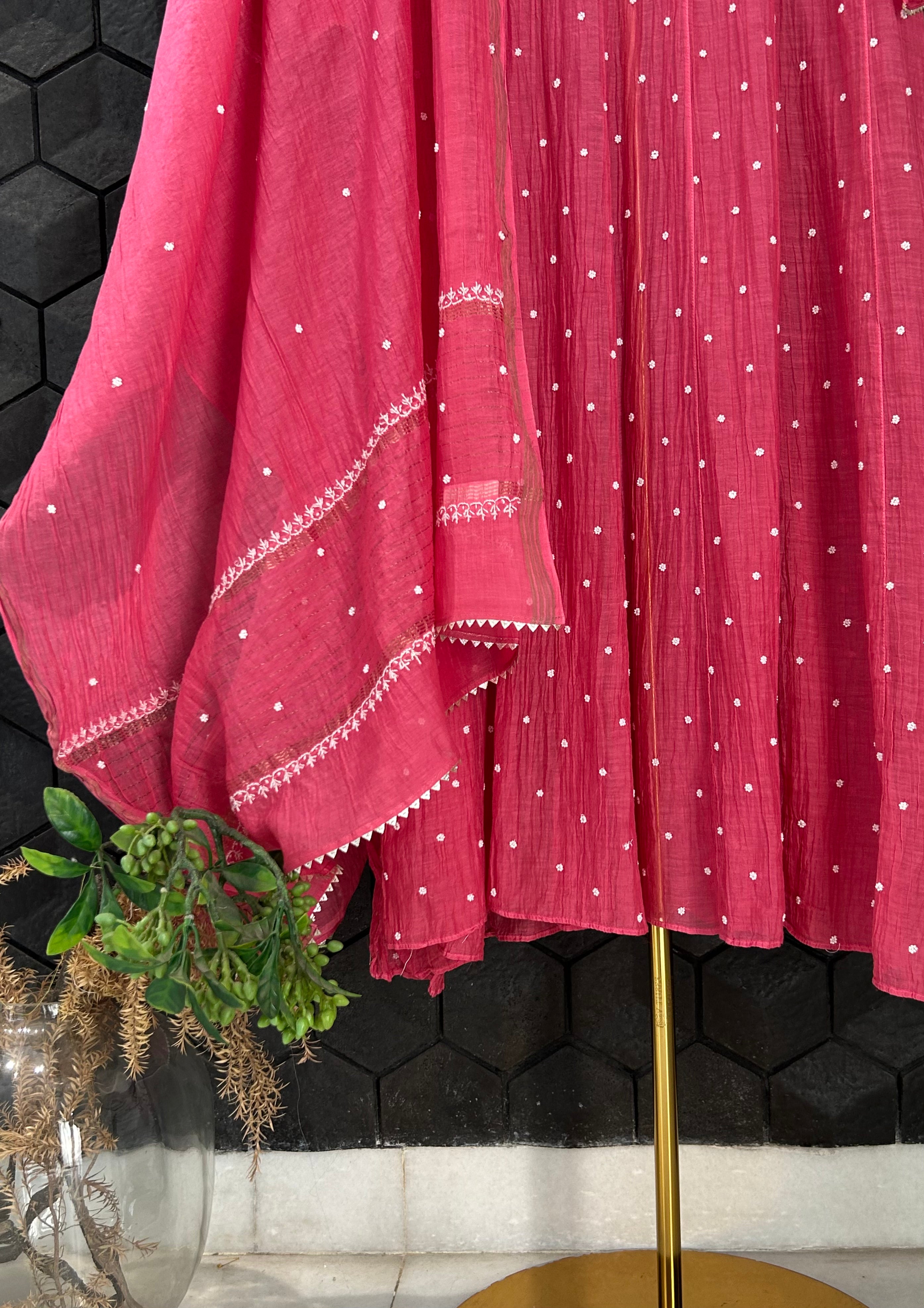 Red Mul Chanderi Chikankari Anarkali Set