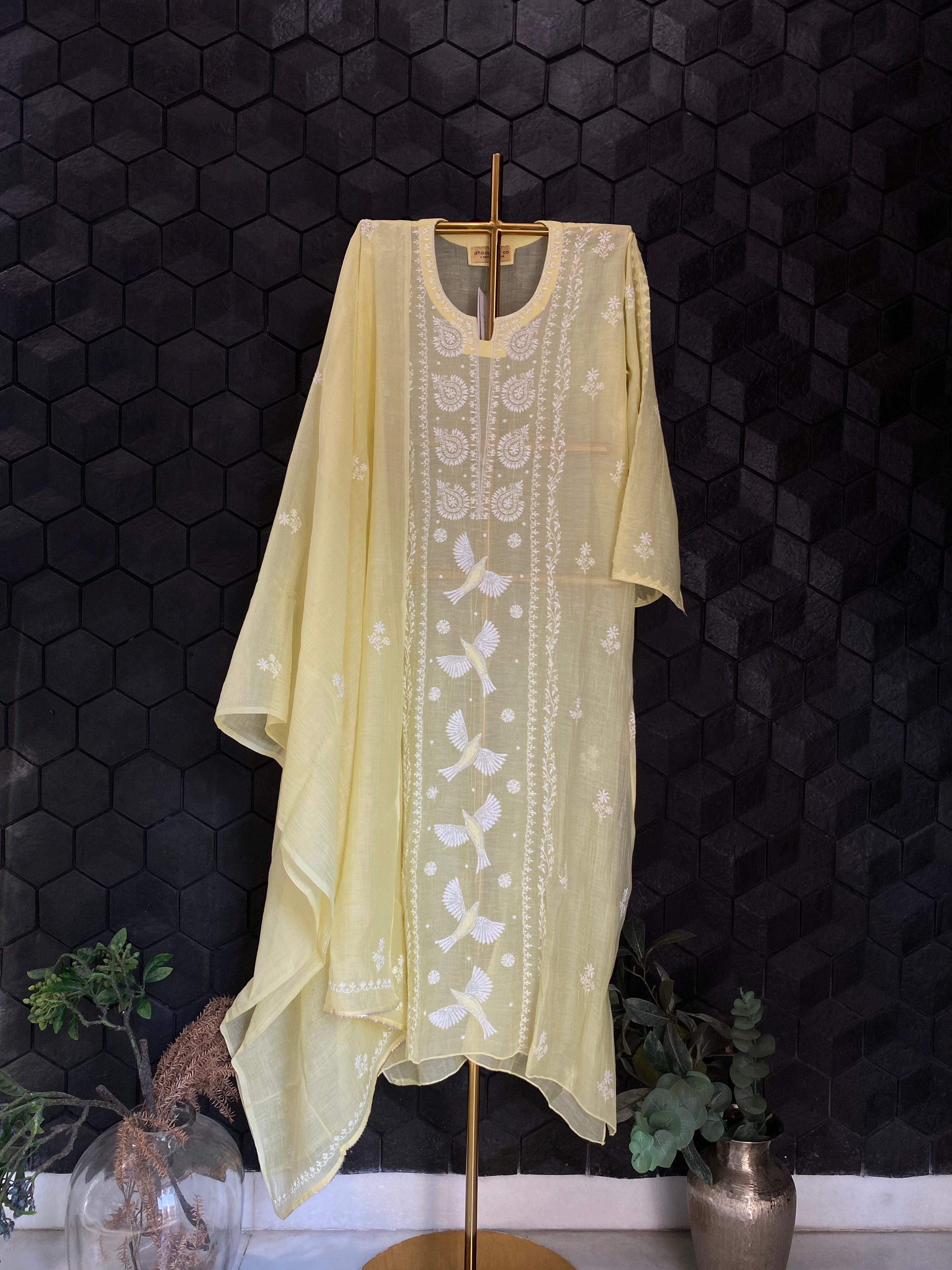 Yellow Mul Chanderi Chikankari Kurta Set