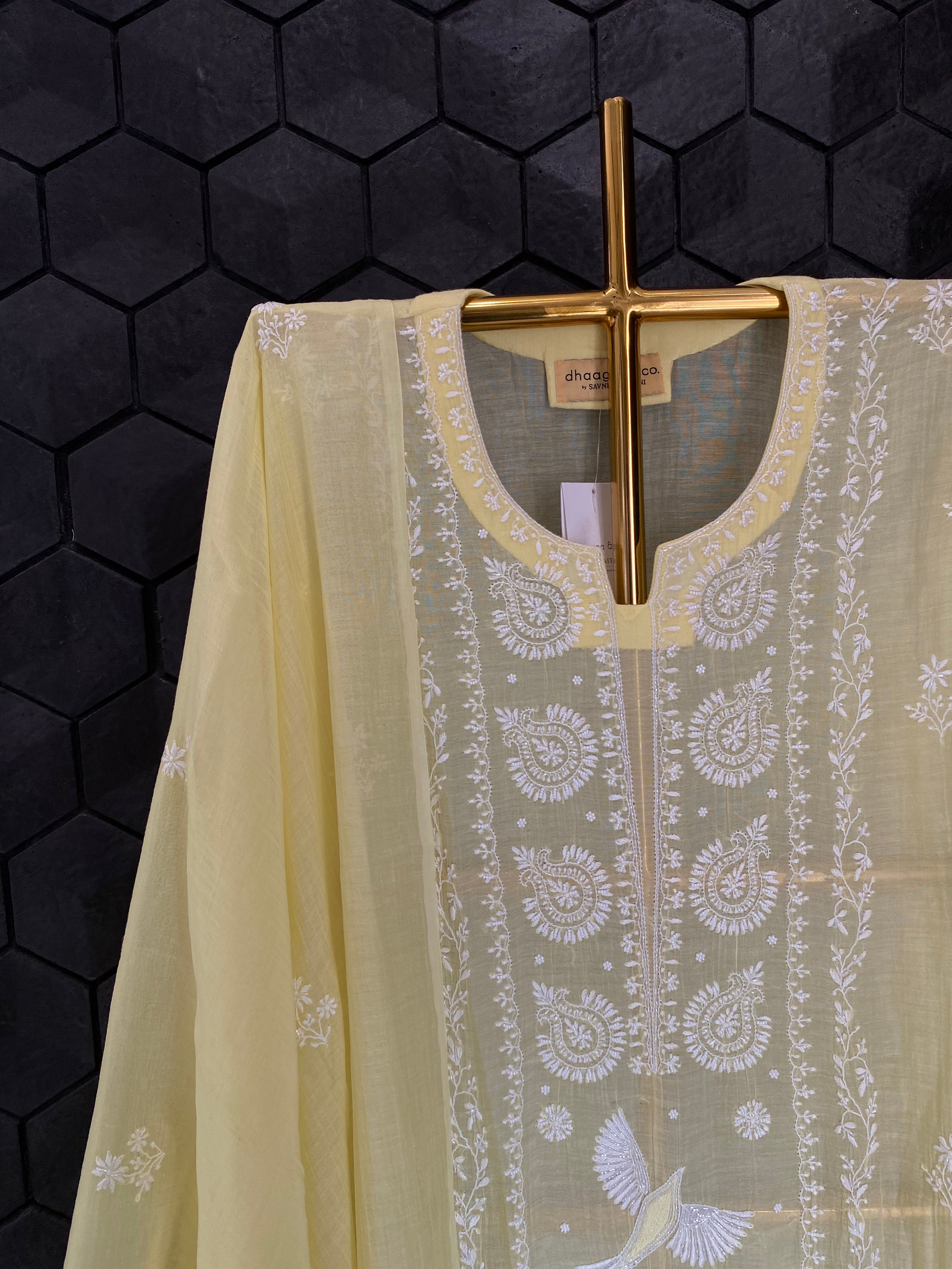 Yellow Mul Chanderi Chikankari Kurta Set