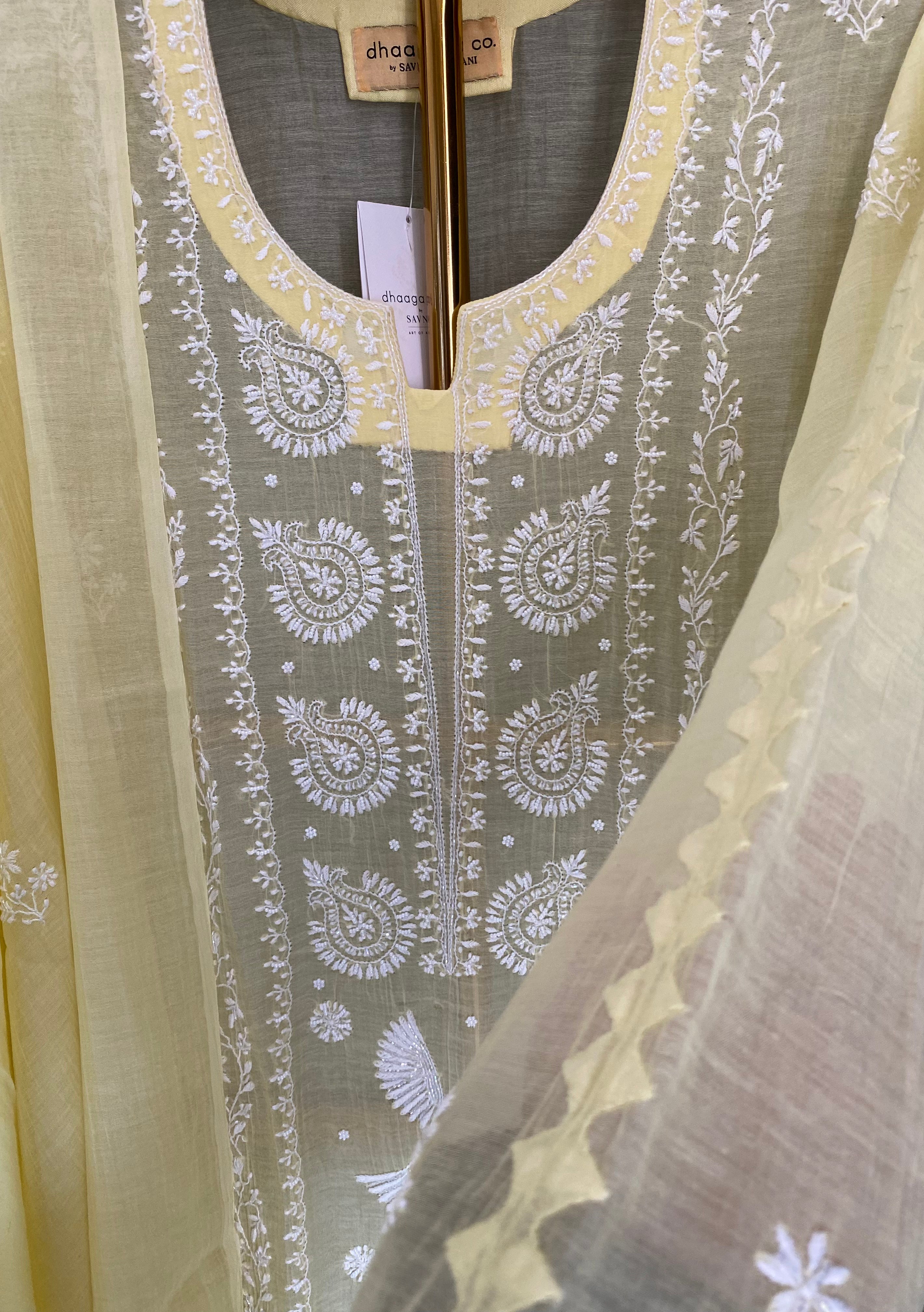 Yellow Mul Chanderi Chikankari Kurta Set