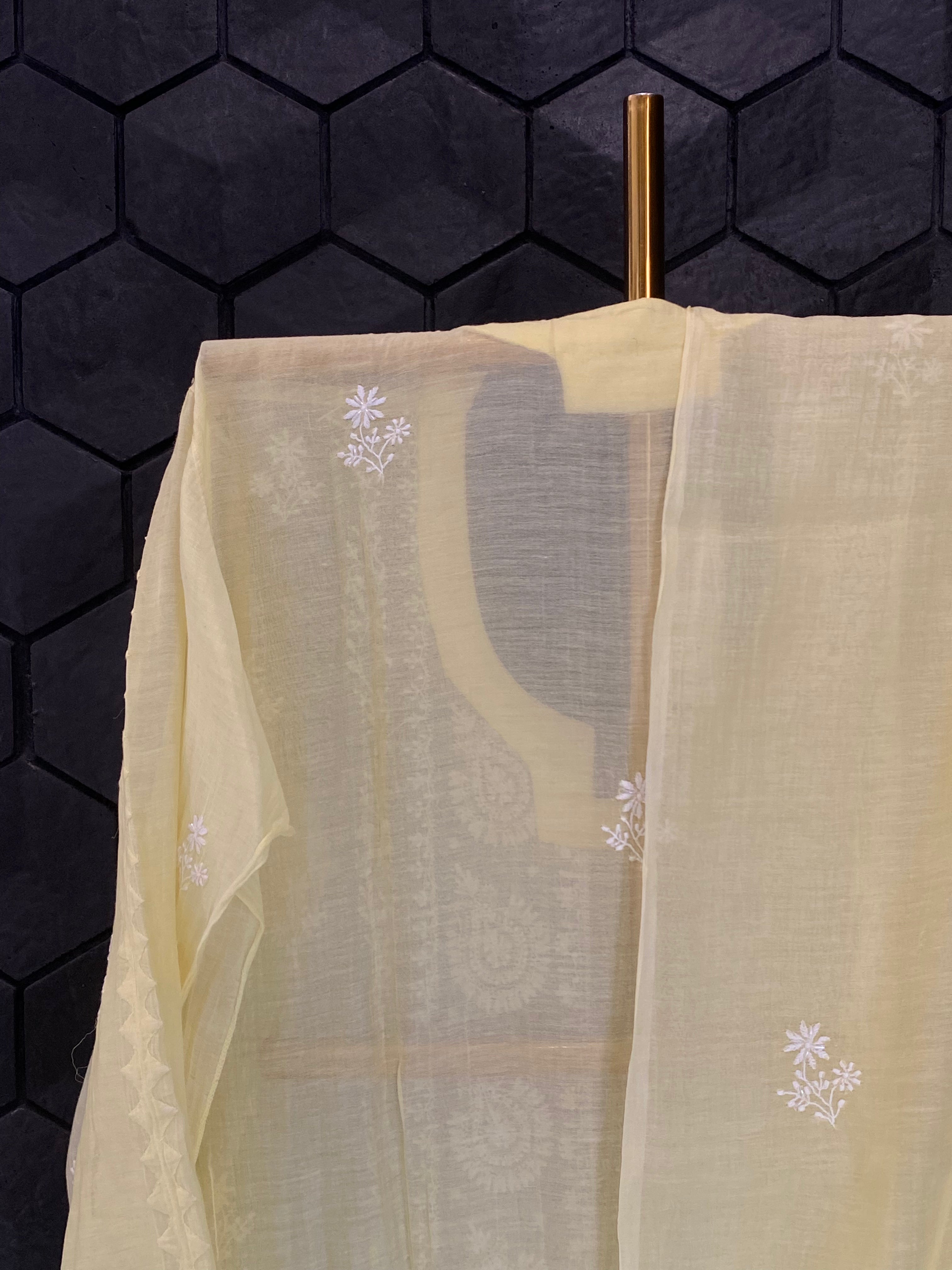 Yellow Mul Chanderi Chikankari Kurta Set