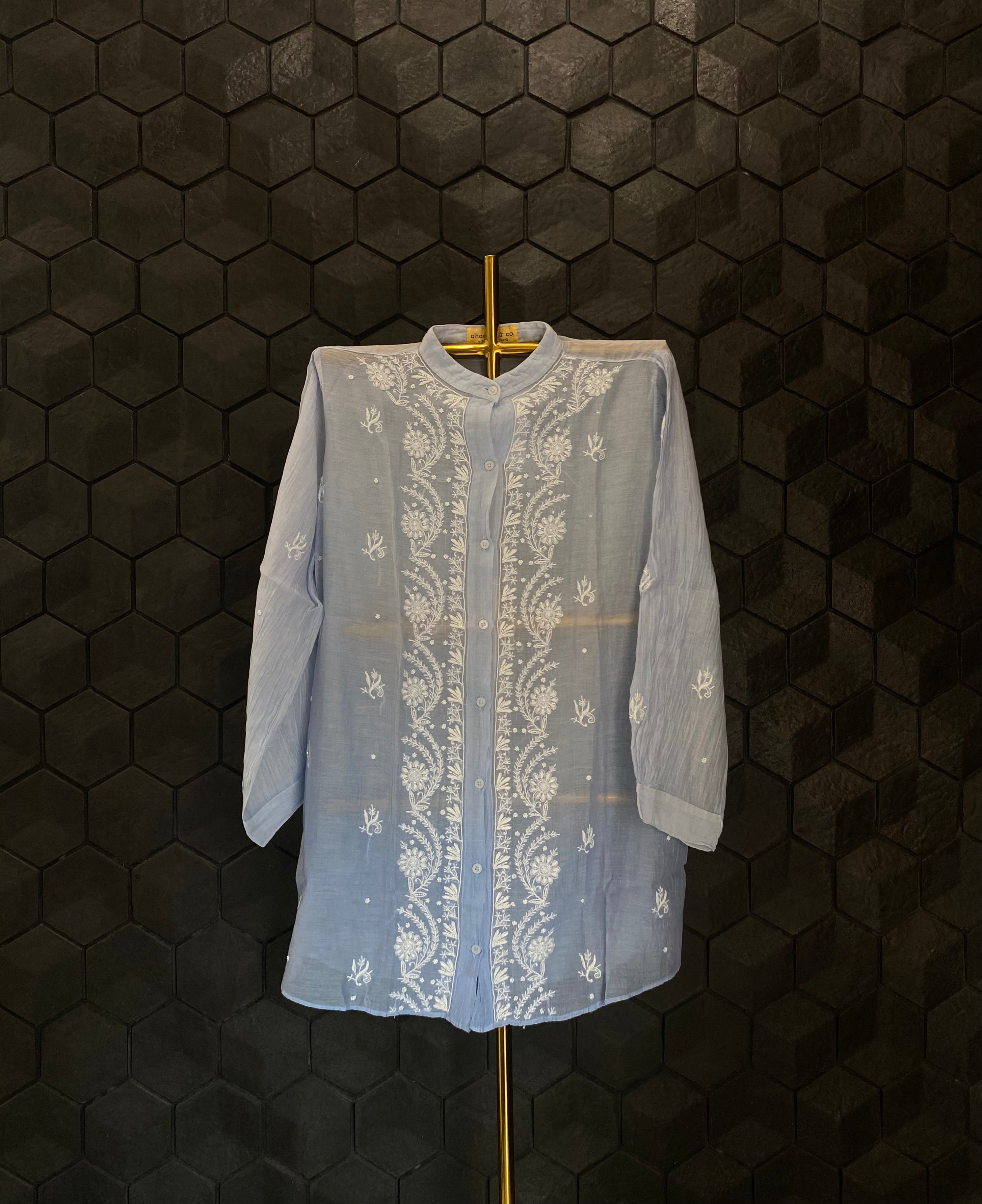 Powder Blue Mul Chanderi Chikankari Shirt