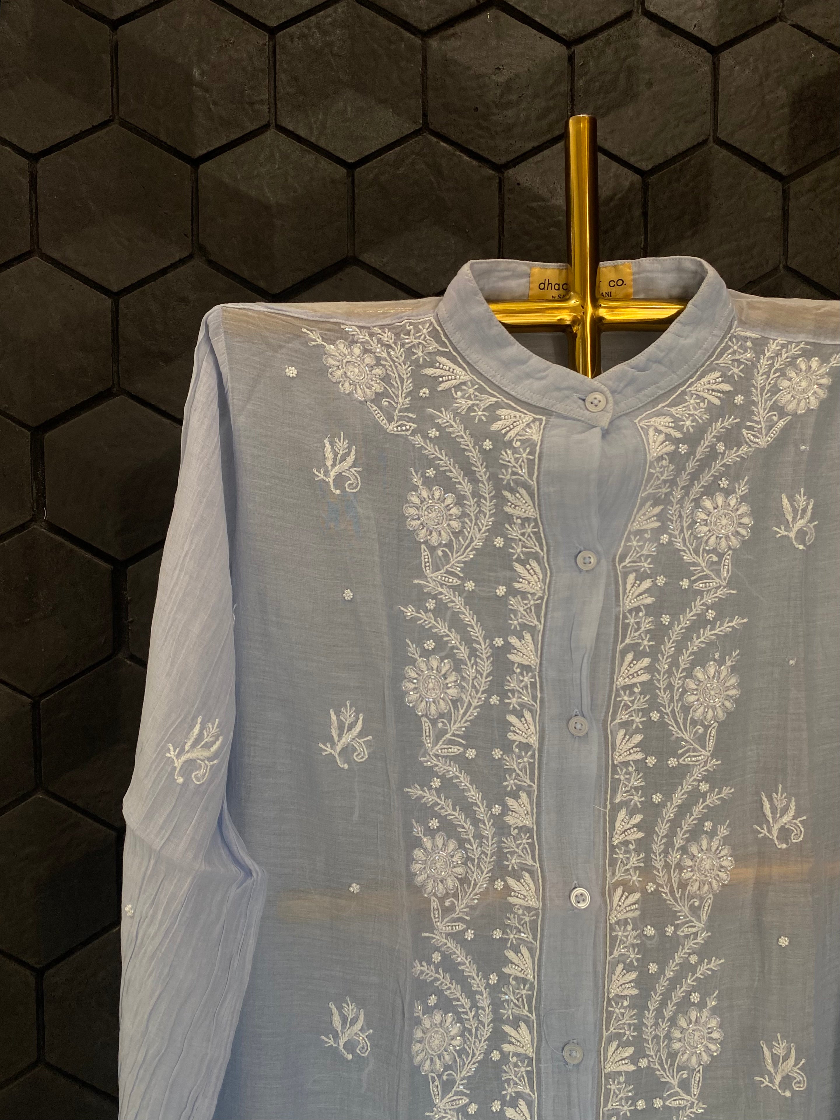 Powder Blue Mul Chanderi Chikankari Shirt