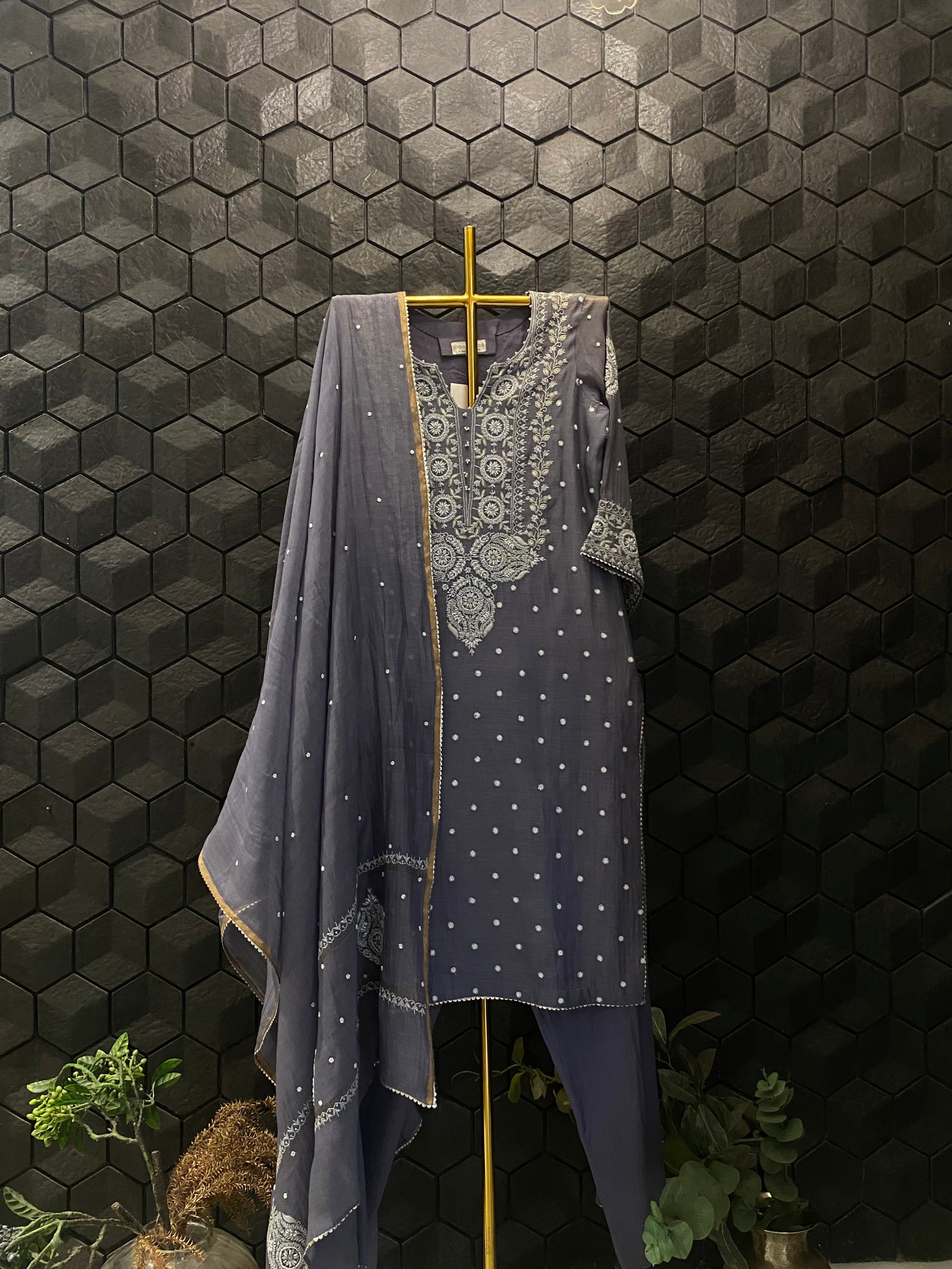 Purple Mul Chanderi Chikankari Suit Set