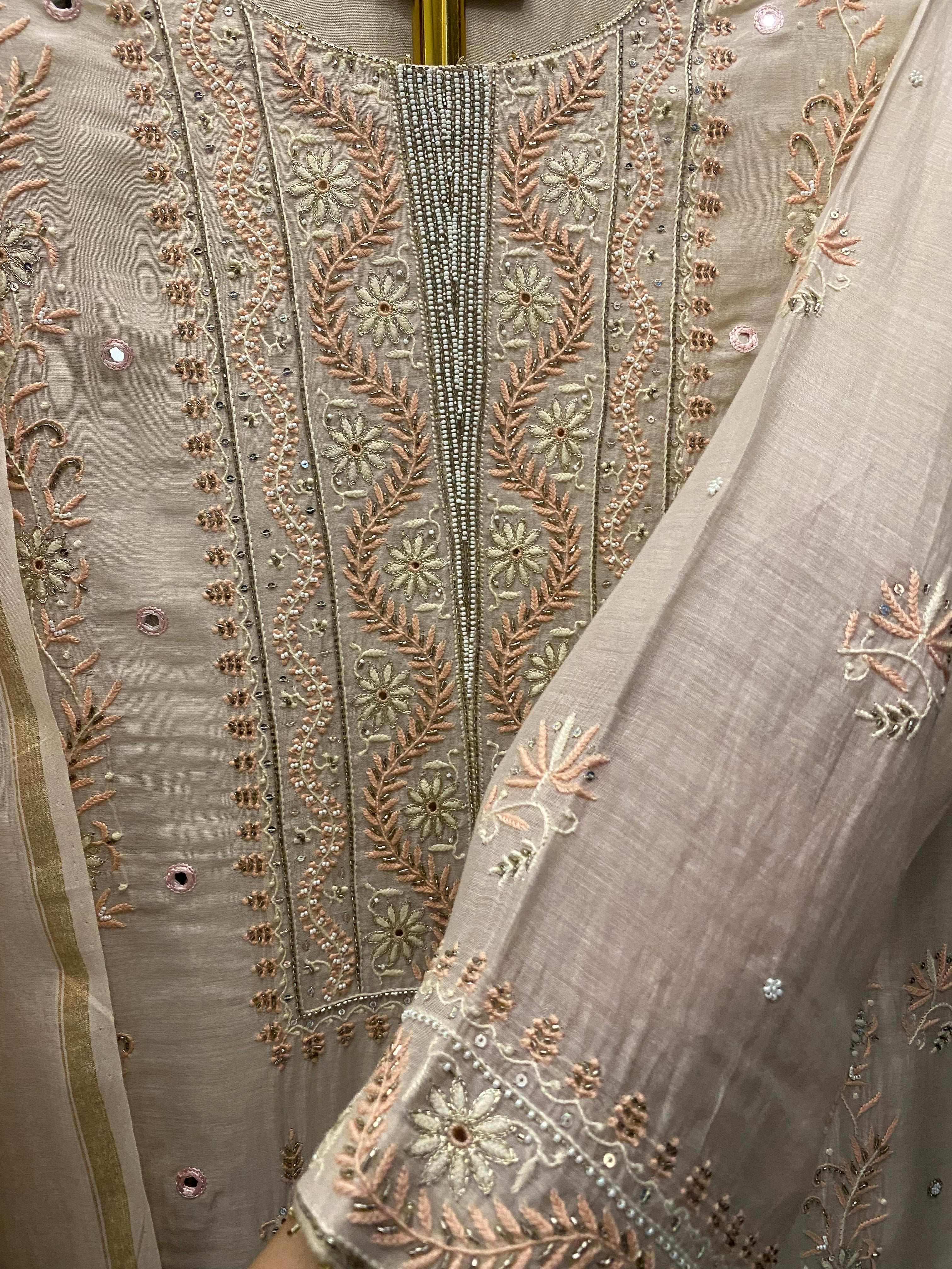 Dull Peach Chanderi Chikankari Suit Set