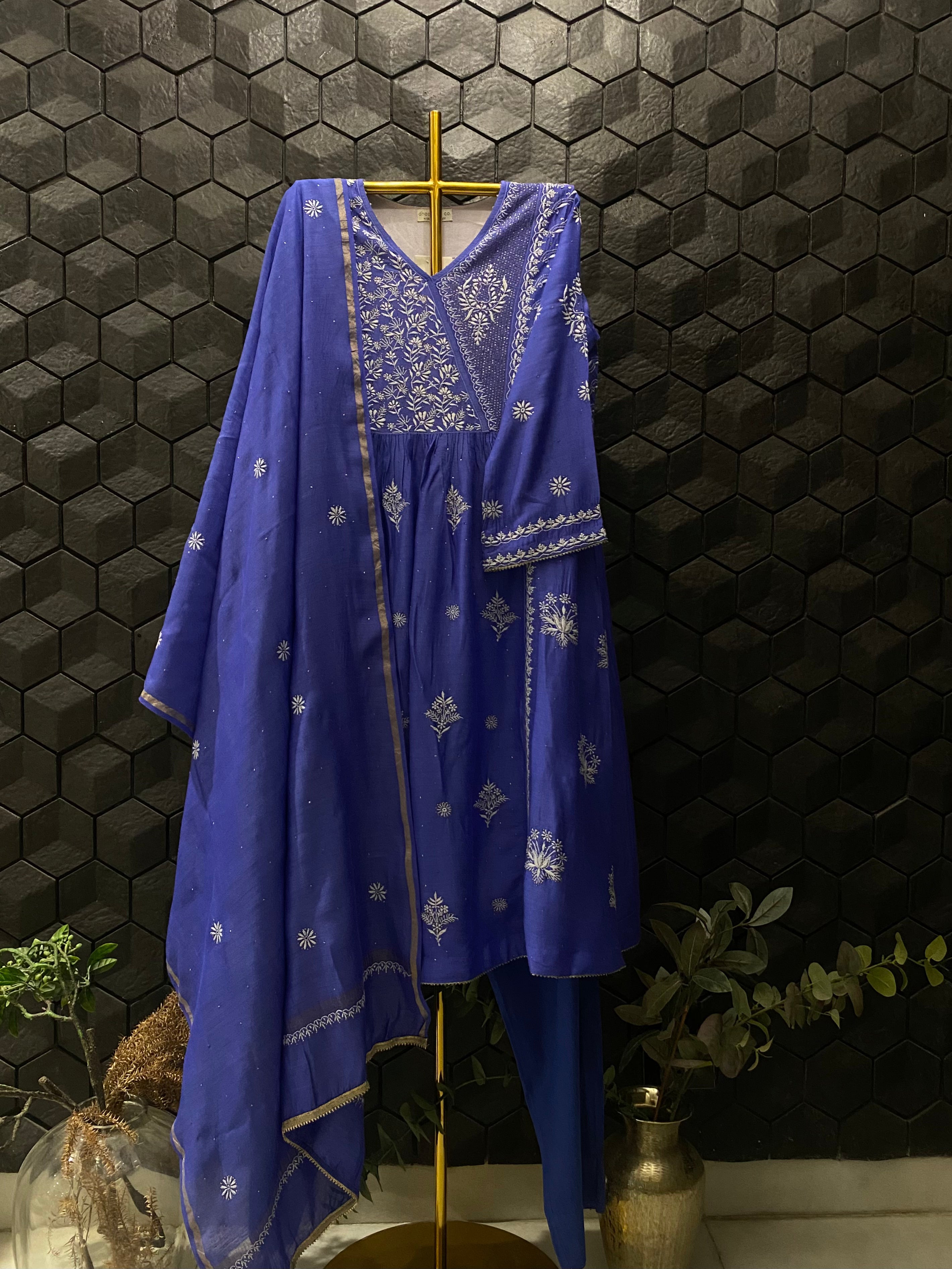 Blue Munga Silk Chikankari Suit Set