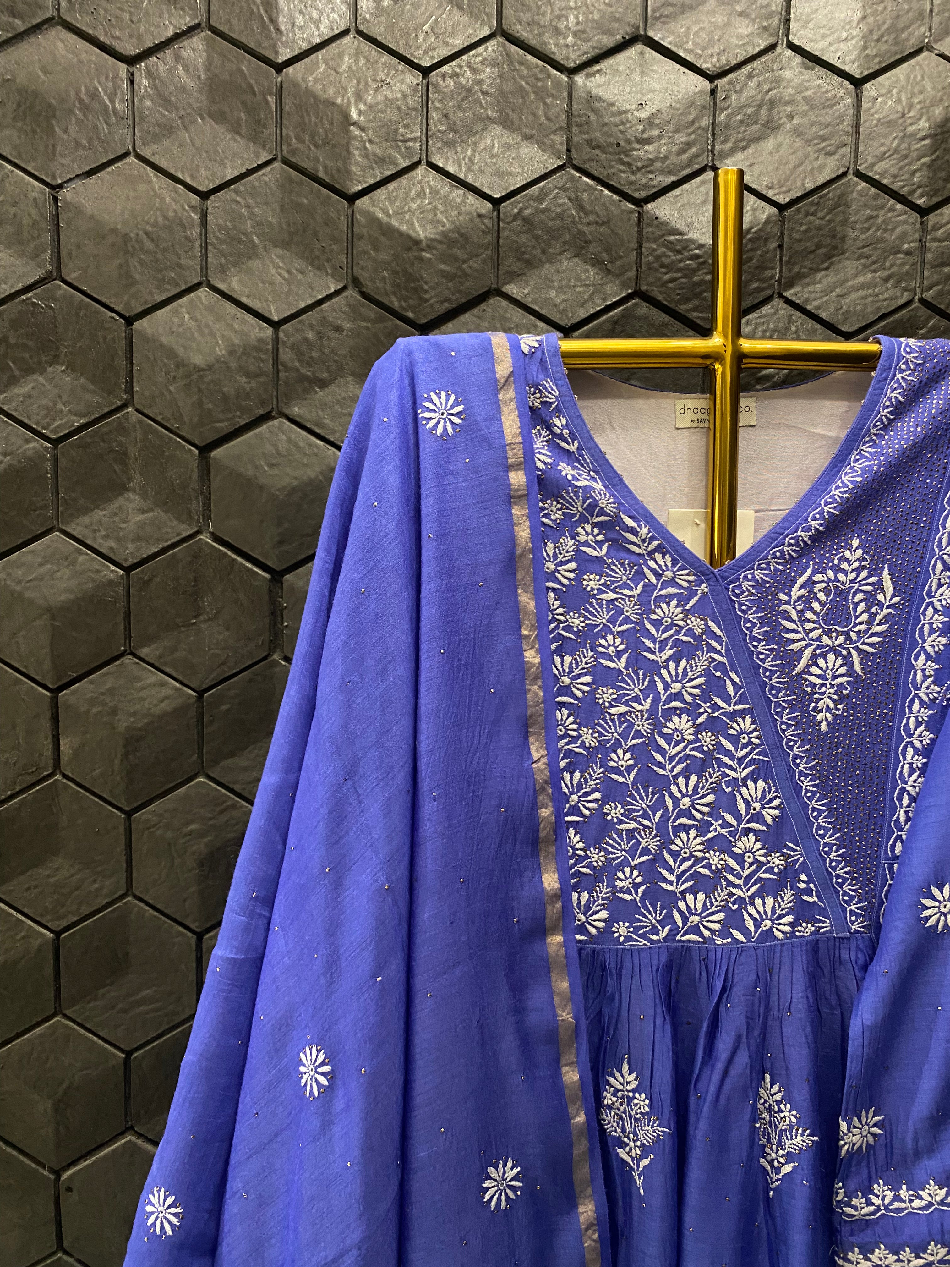 Blue Munga Silk Chikankari Suit Set