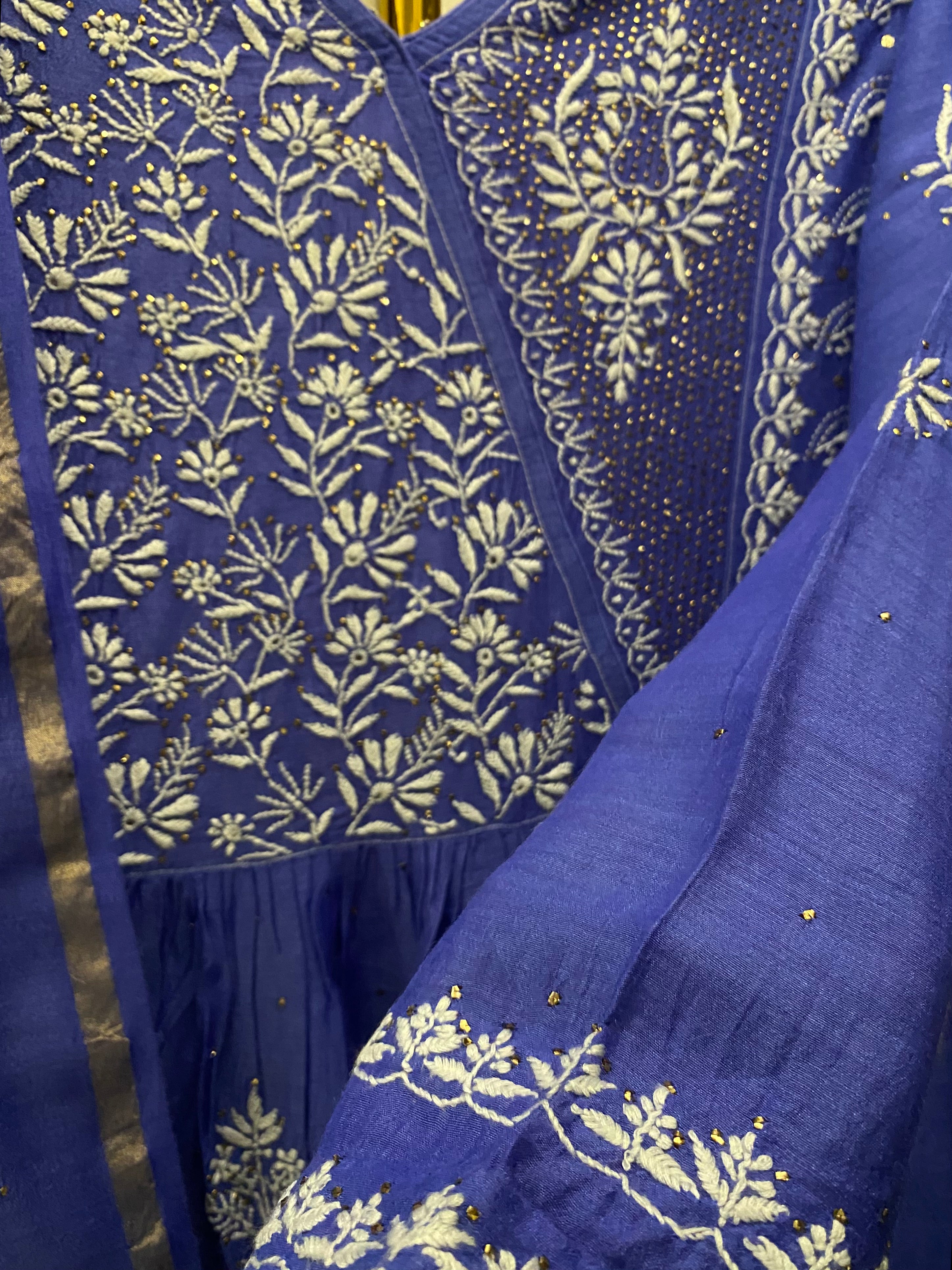 Blue Munga Silk Chikankari Suit Set