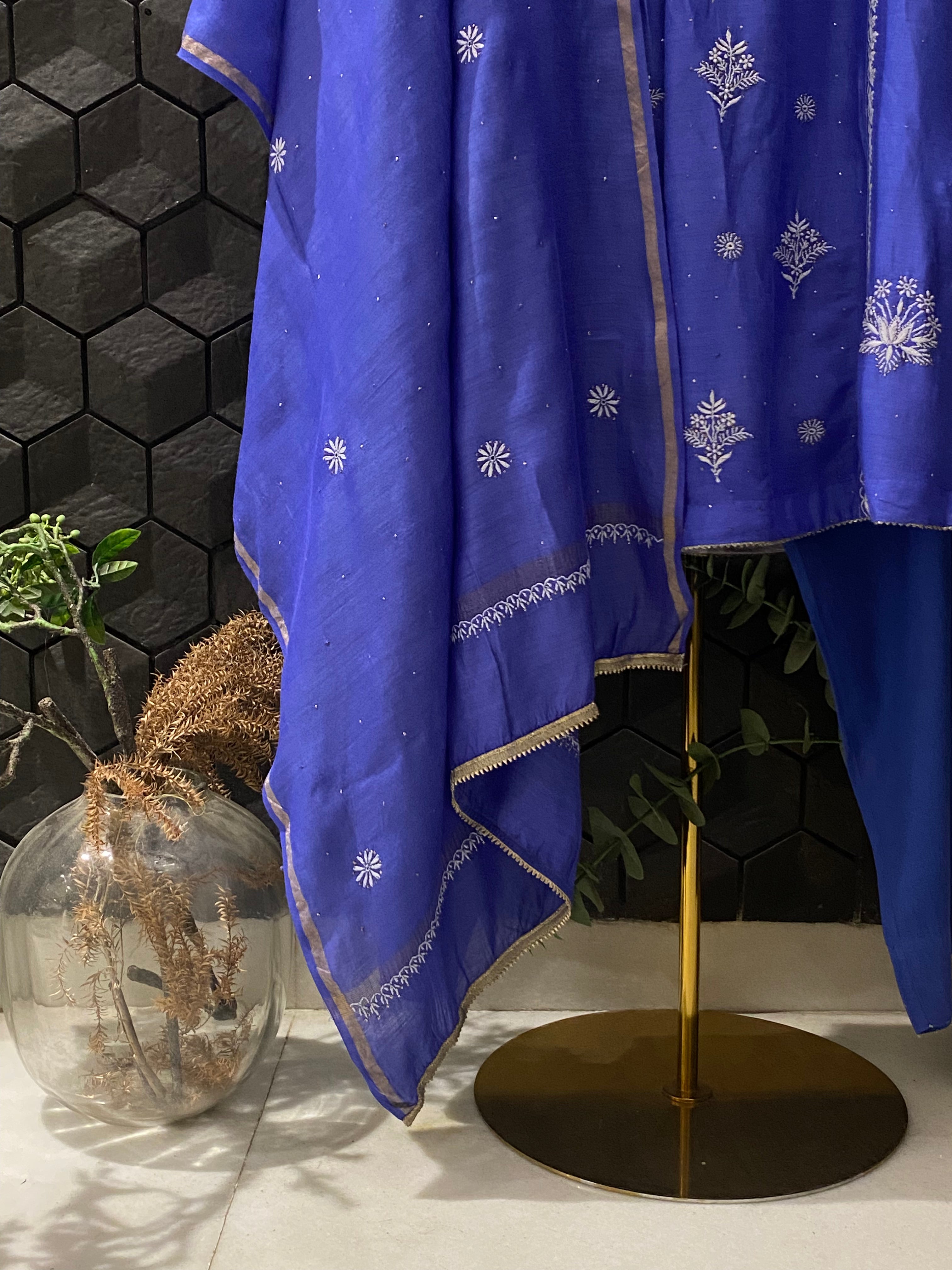 Blue Munga Silk Chikankari Suit Set