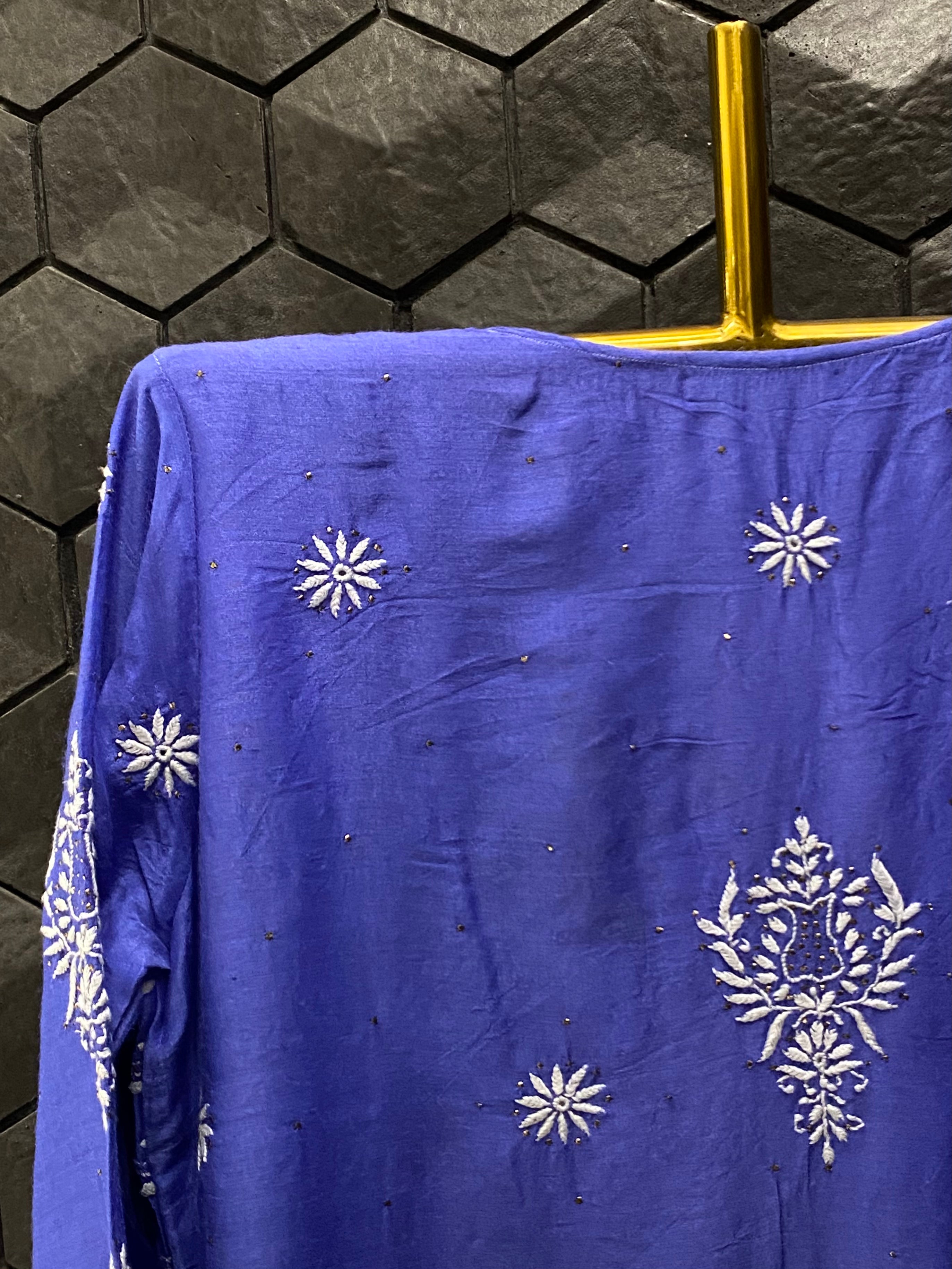 Blue Munga Silk Chikankari Suit Set