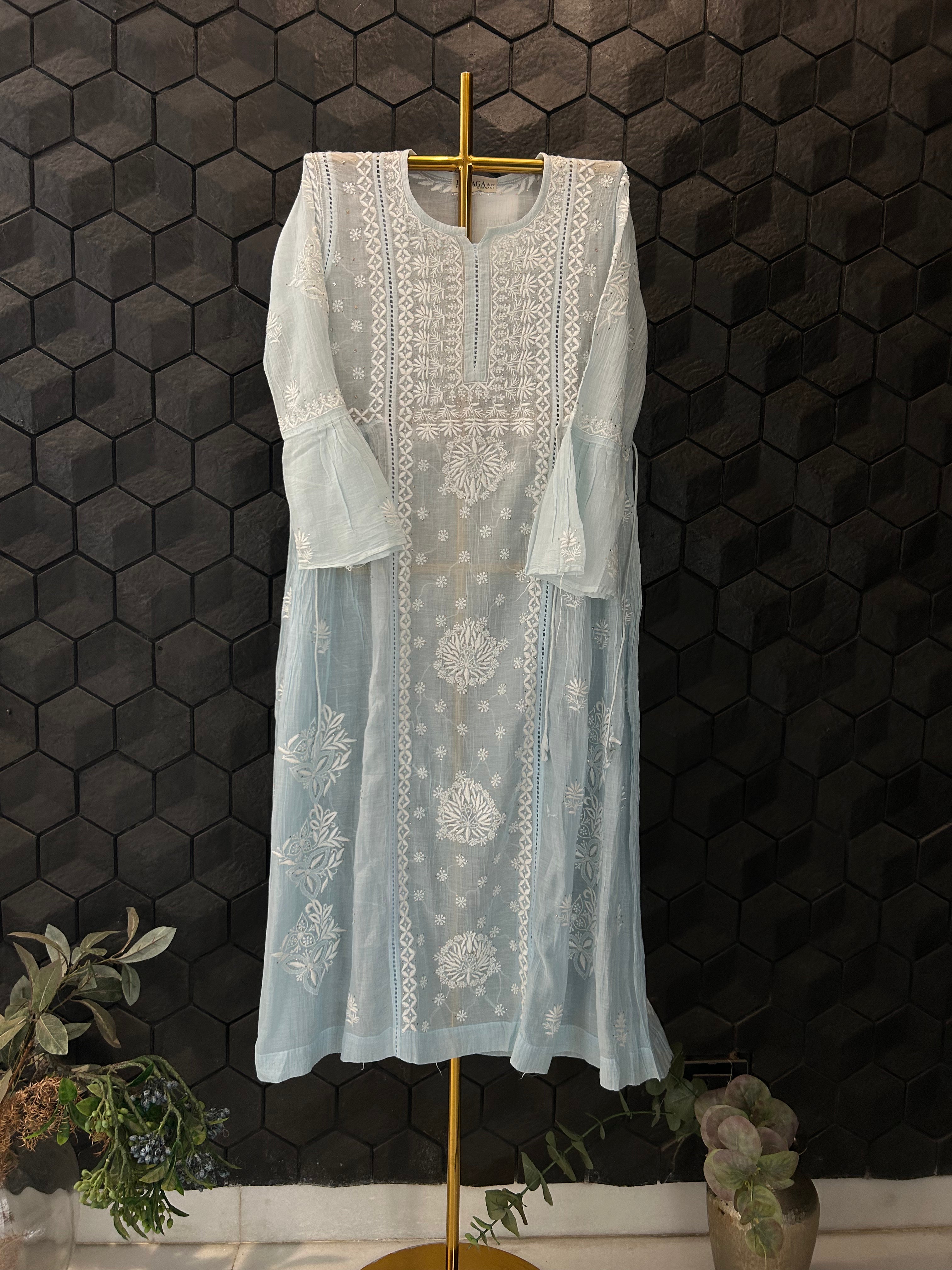 Sky Blue Mul Chanderi Chikankari And Mukaish Dress