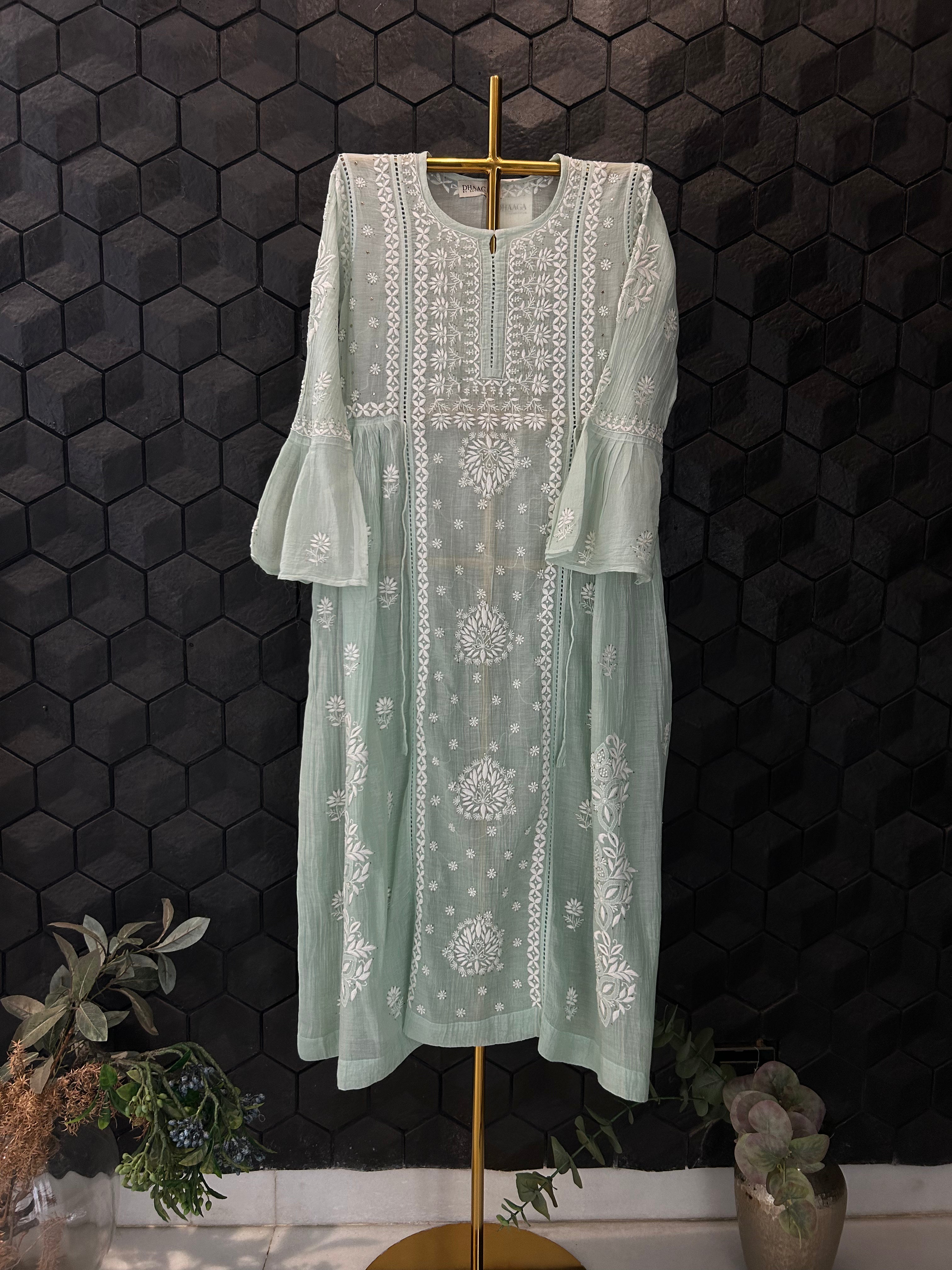 Sea Green Mul Chanderi Chikankari And Mukaish Dress