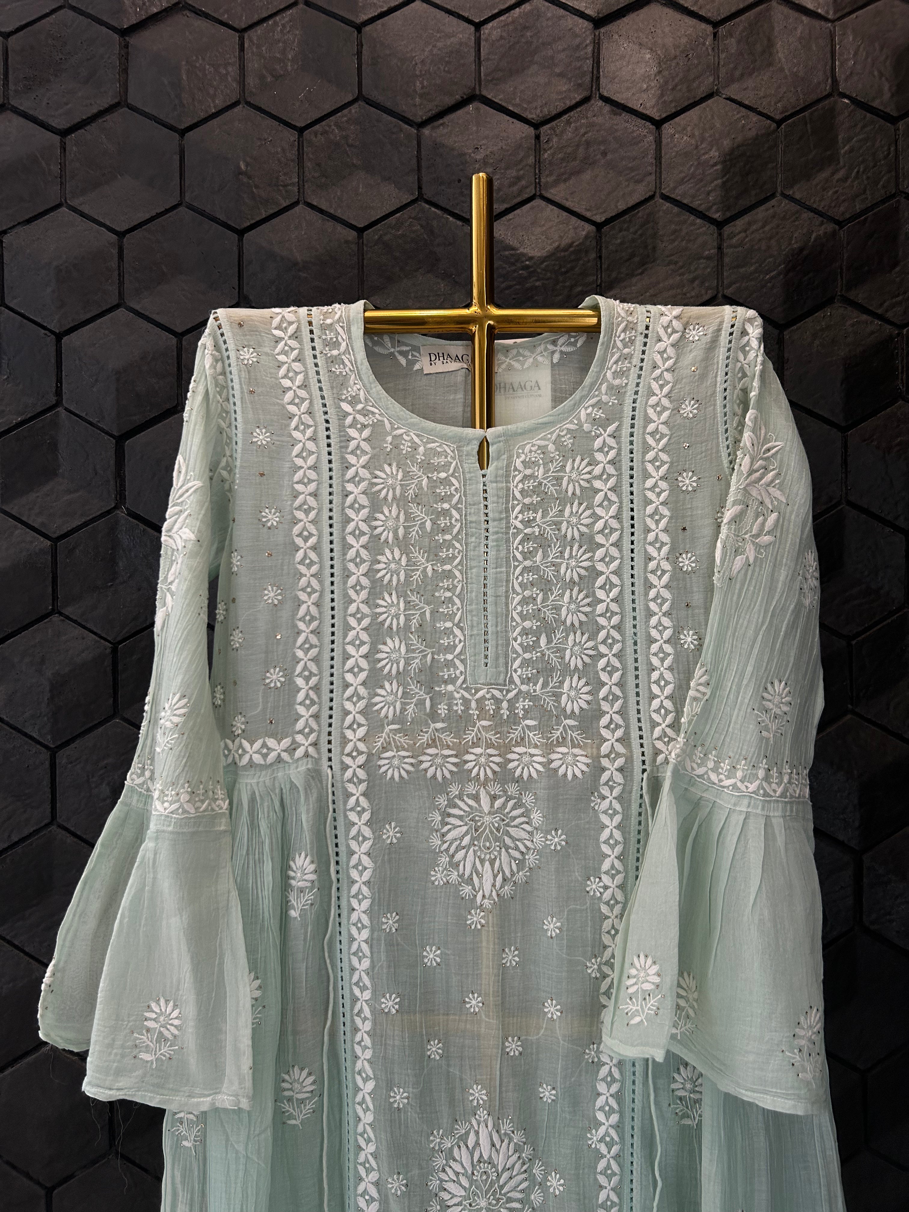 Sea Green Mul Chanderi Chikankari And Mukaish Dress
