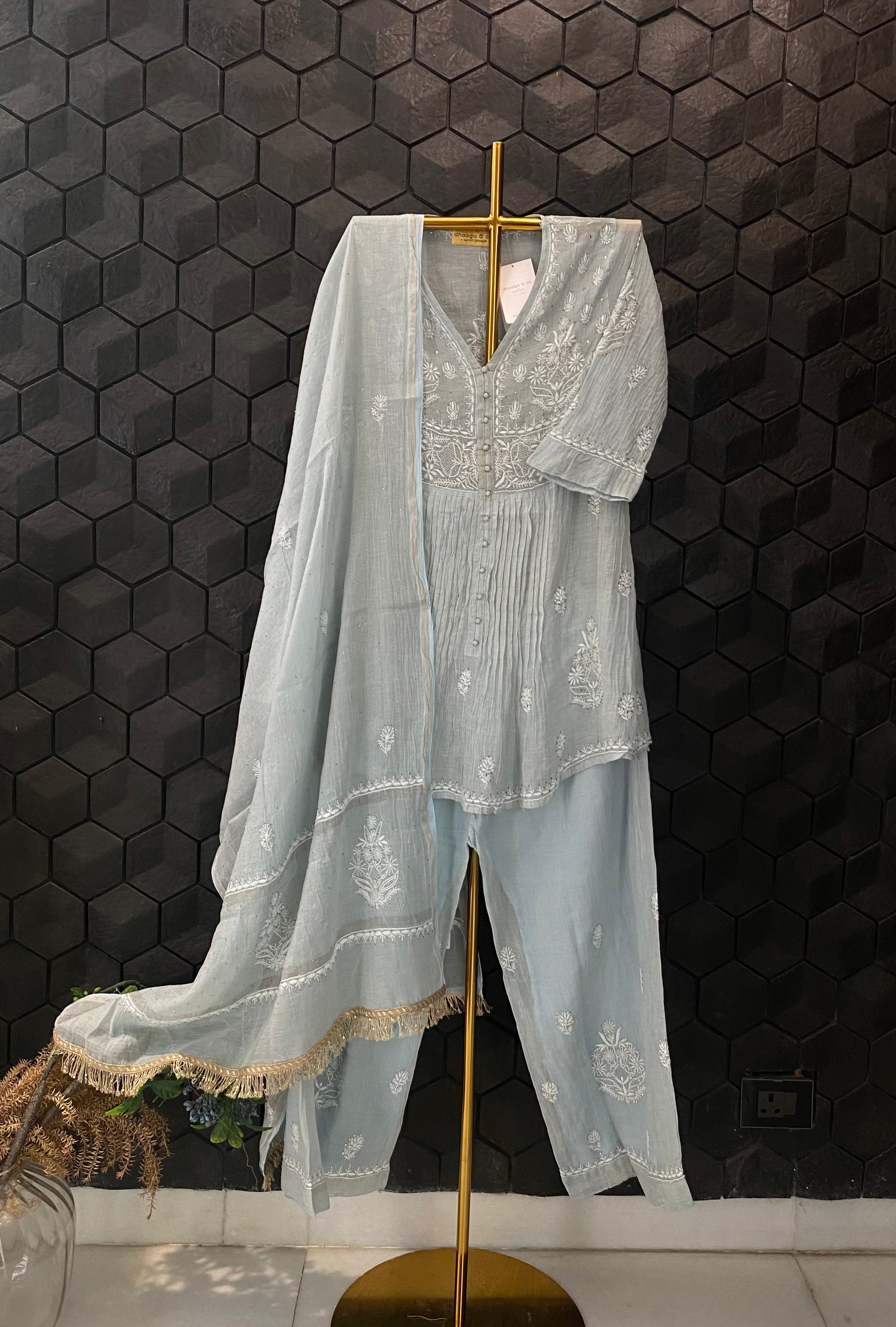 Grey Silver Tissue Chikankari Garara Set