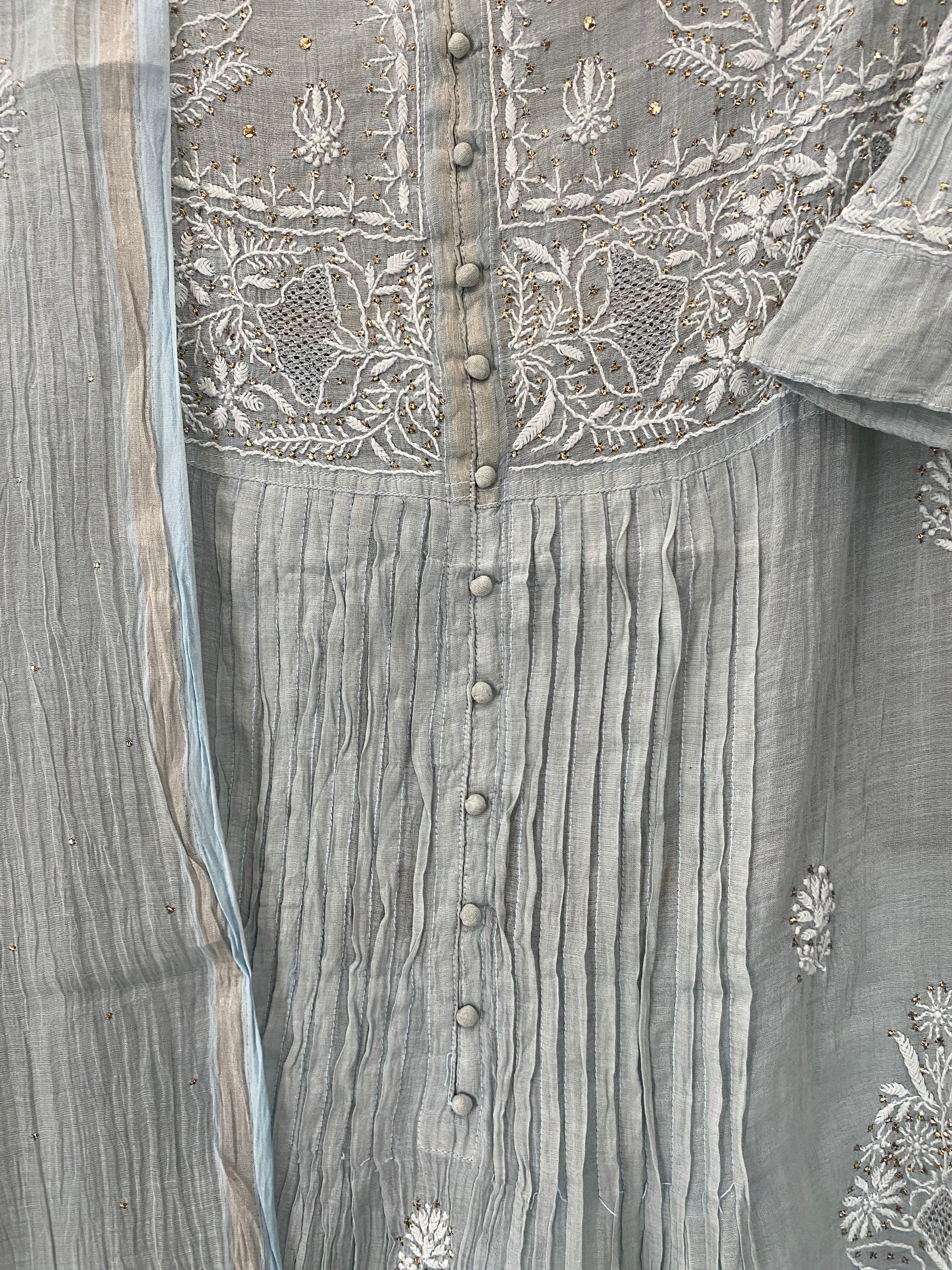 Grey Silver Tissue Chikankari Garara Set