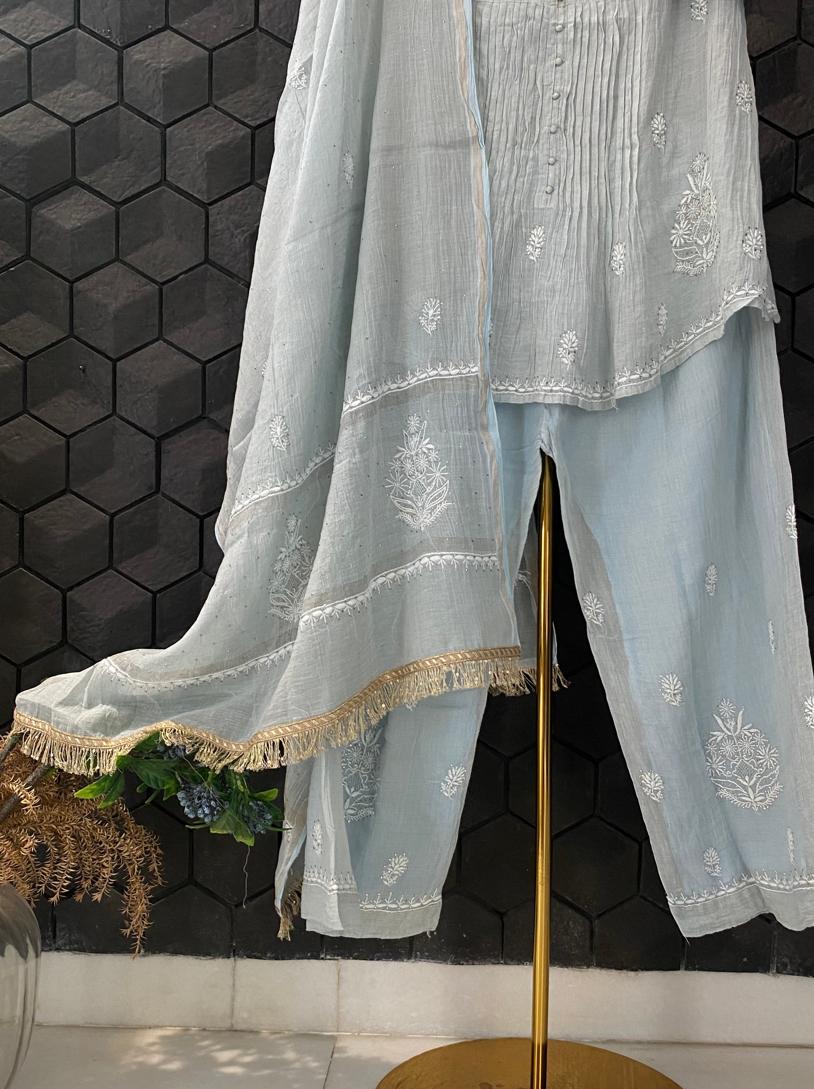 Grey Silver Tissue Chikankari Garara Set