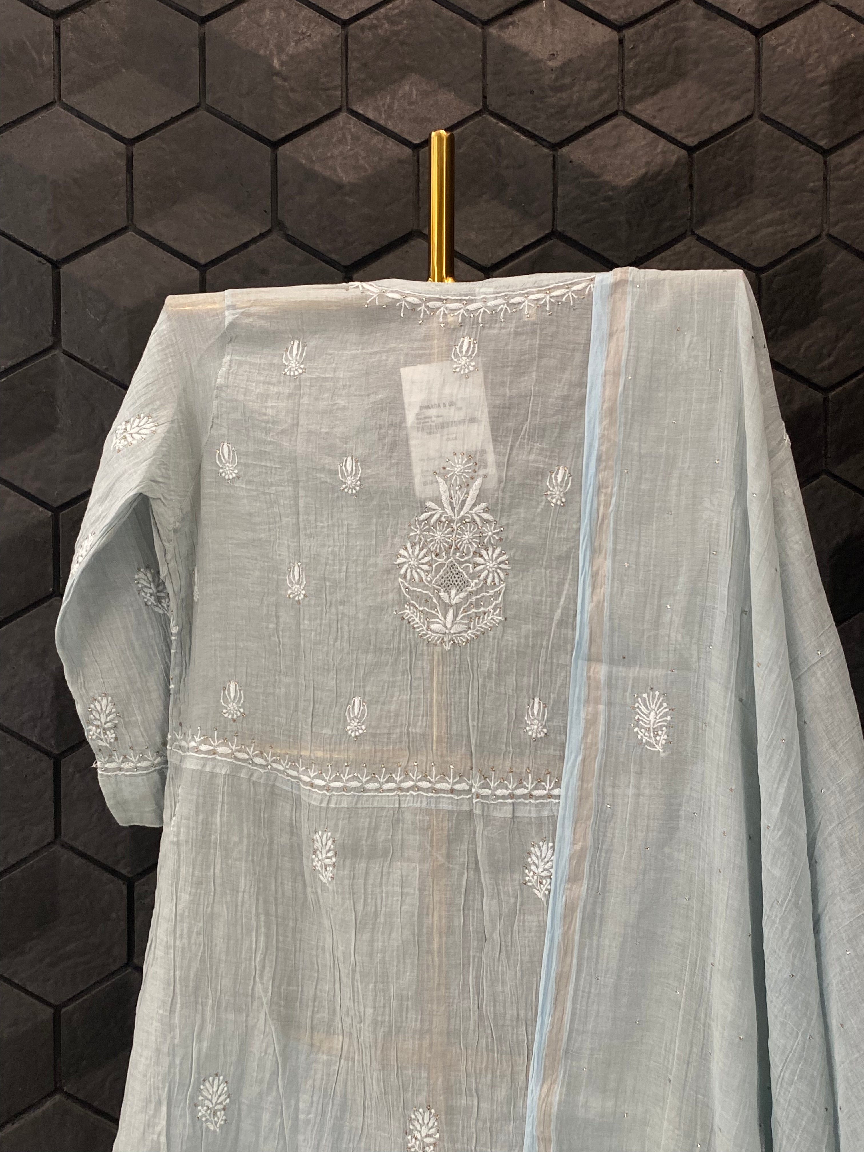 Grey Silver Tissue Chikankari Garara Set