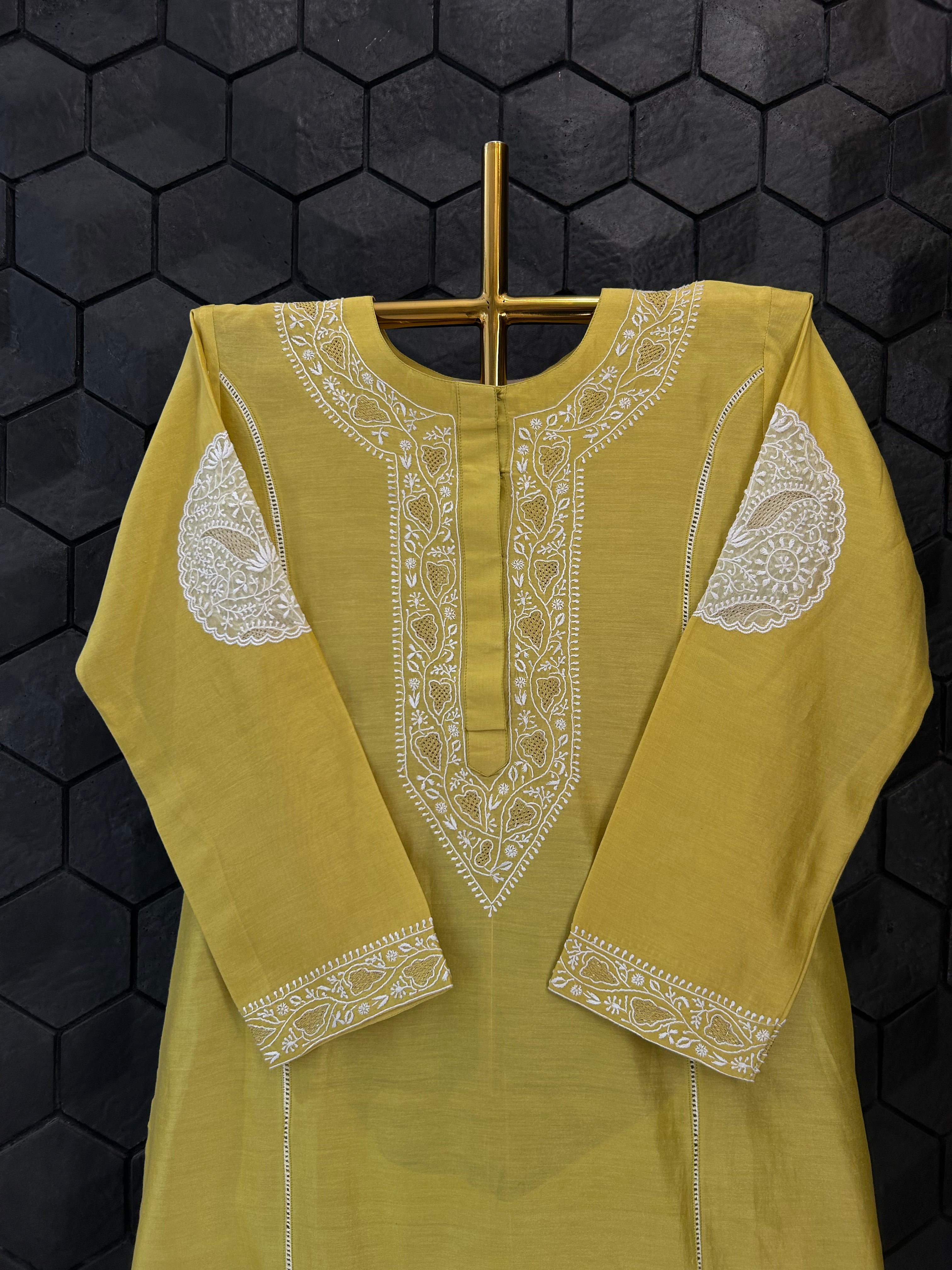 Lime Green Chanderi Chikankari Co-ord Set
