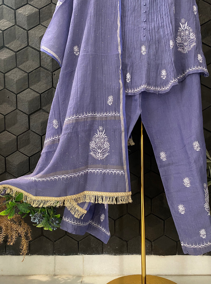 Purple Silver Tissue Chikankari Garara Set